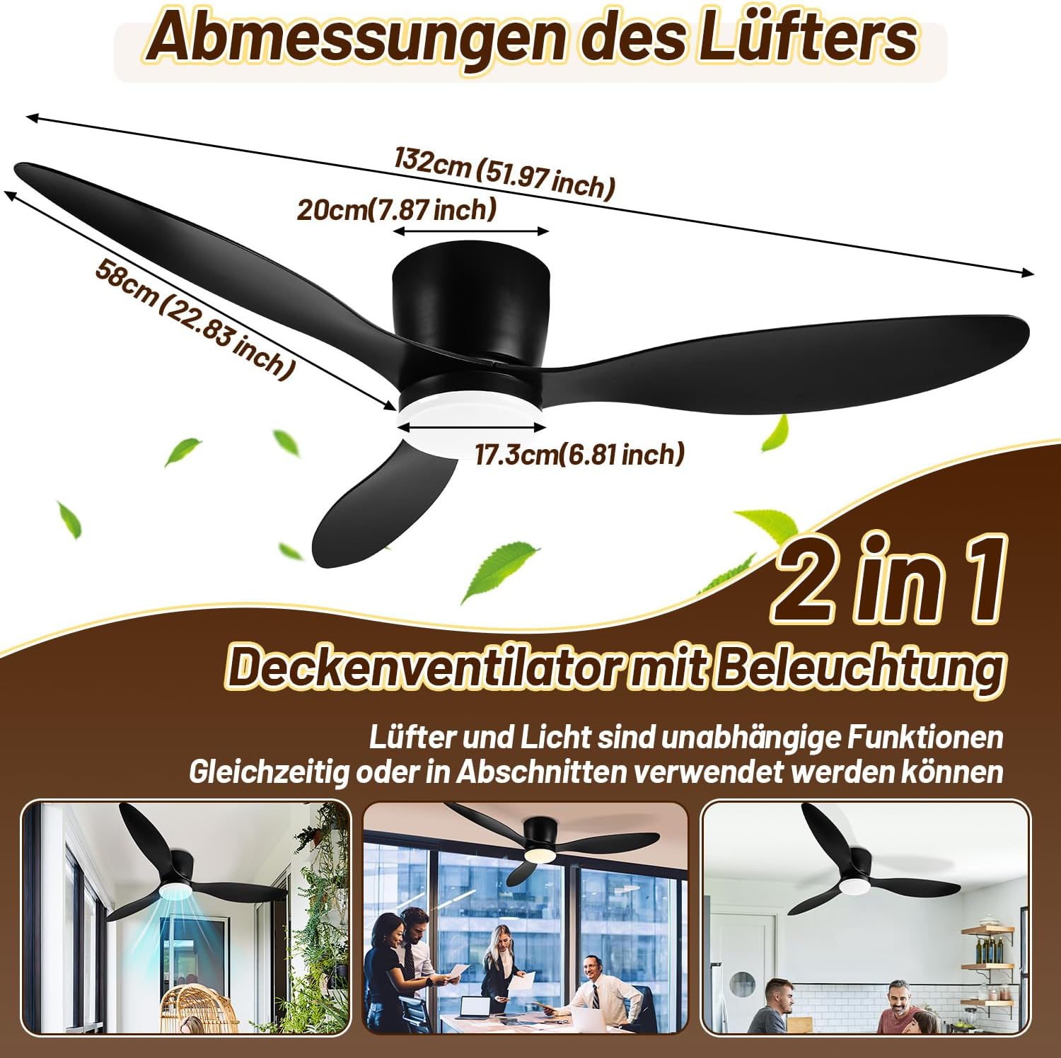 Deckenventilator mit Beleuchtung und Fernbedienung, Ø 132 cm Deckenlampe mit Ventilator dimmbar, 3 Farbtemperaturen und 6 Stufen, Sommer-/Winterfunktion, mit Timer, Schwarz