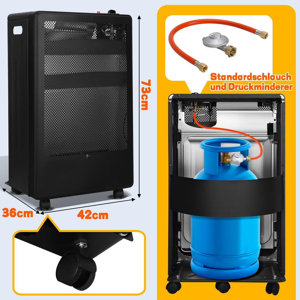 Gasheizung für Innenräume 3800W, Gasofen, 2 Stufen, Gasschlauch Gasheizer mit 2 Heizstufen, ODS-System, Regler, Schlauch und 5 Rollen für Balkon, überdachte Terrasse und belüftete Räume