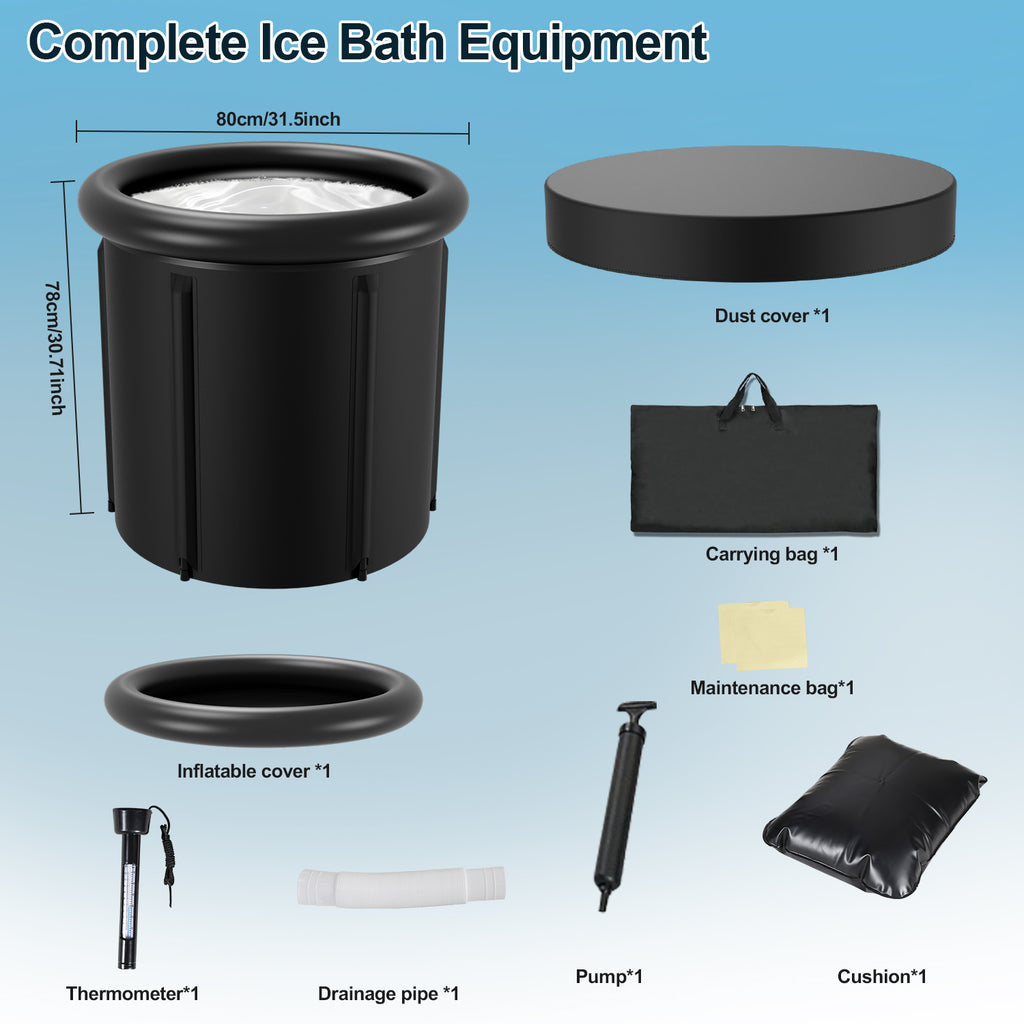 Eisbad extra groß, Eistonne 80 x 78 cm, 5-Lagen-Isolierung, Deckel Verbundstoff, EPE-Schaum und Kunststoff, für Garten und Terrasse, Doppelablauf, Staubschutzhaube, Gewicht 3,8 kg