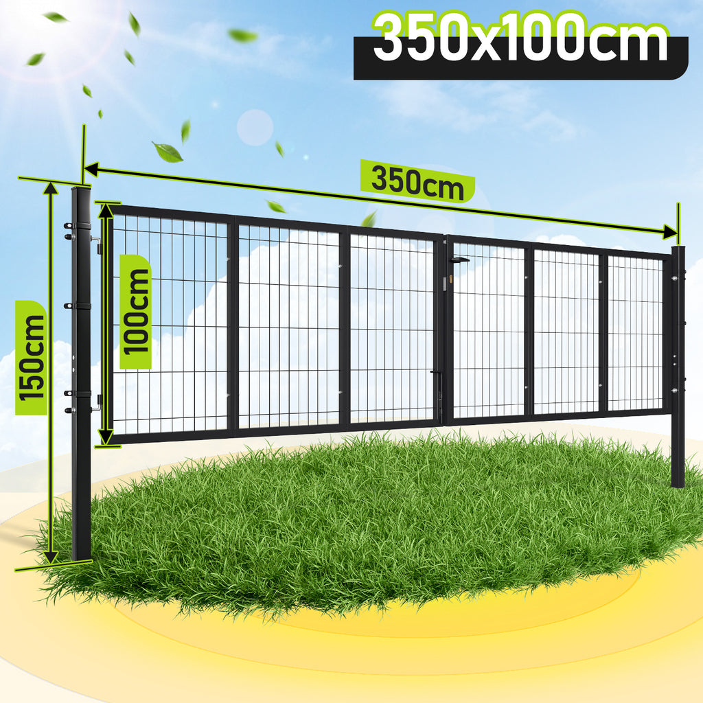 Doppelflügeltore, 300x100cm/350x100cm Metall Gartentor, Gartenzaun Zaun inkl. Griff, Schloss und 3 Schlüsseln, Robust Gartentür für Zauntür, Hoftor, Zauntor, Quadratrohr, Grün/Anthrazit