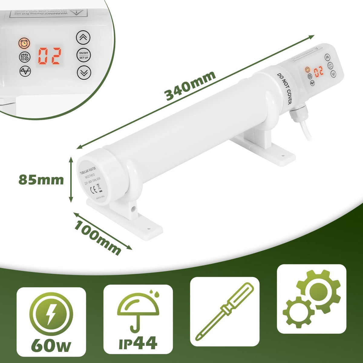 Gewächshausheizung, Timer, Zeitplan & 3000W Digitalregler Ø42-mm-Heizrohr, Haltebügel, Überhitzungsschutz, Wand-/Bodenmontage, Ist-/Sollanzeige, °C/°F, für Schrank & Gewächshaus