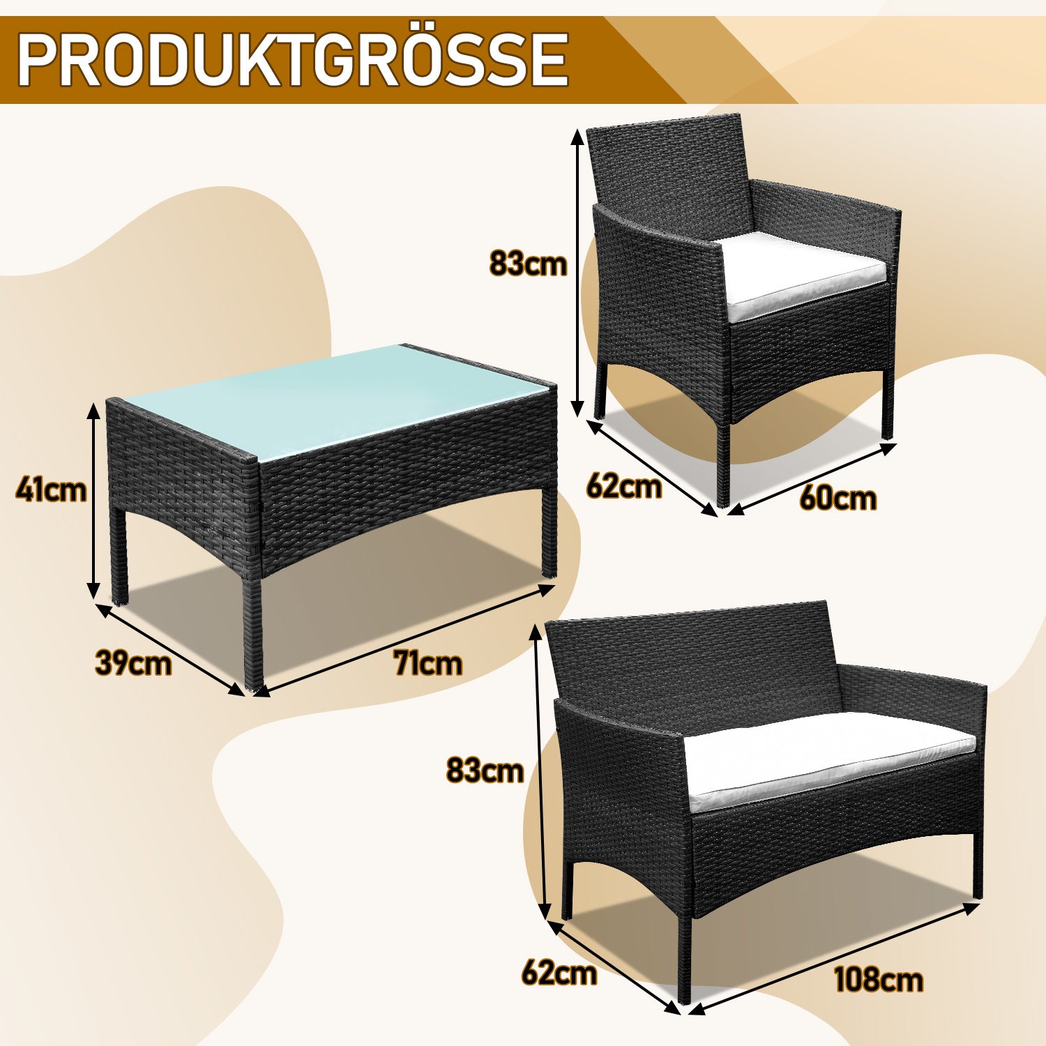 Polyrattan Gartenmöbel Set,4 Personen mit 2er Sofa 2 Stühle Tisch & Sitzkissen wetterfest Sitzgruppe,Schwarz Terrassenmöbel Balkonmöbel Set für Garten Terrasse und Balkon