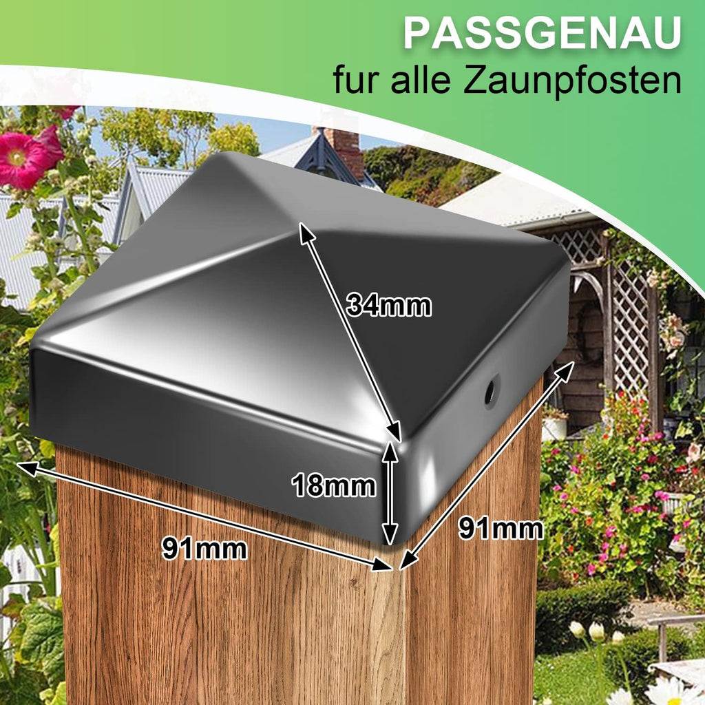 10 Pfostenkappen 91x91mm Zaunpfosten Metall Zaunpfosten verzinkt Pyramiden Form Pfostenabdeckung Zaunpfosten Kappen für Holzpfosten Abdeckkappen für Zaunpfosten mit Schrauben Schwarz/Silber