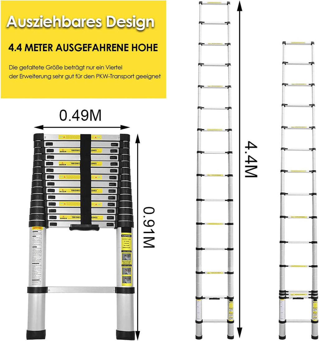 2.6m/3.2m/3.8m/4.4m Teleskopleiter, Aluminiumleiter Ausziehbare Leiter mit rutschfesten Füßen, Mehrzweckleiter für Dachboden, Stehleiter, Tragbar Leichte Leiter 150 kg Belastbarkeit