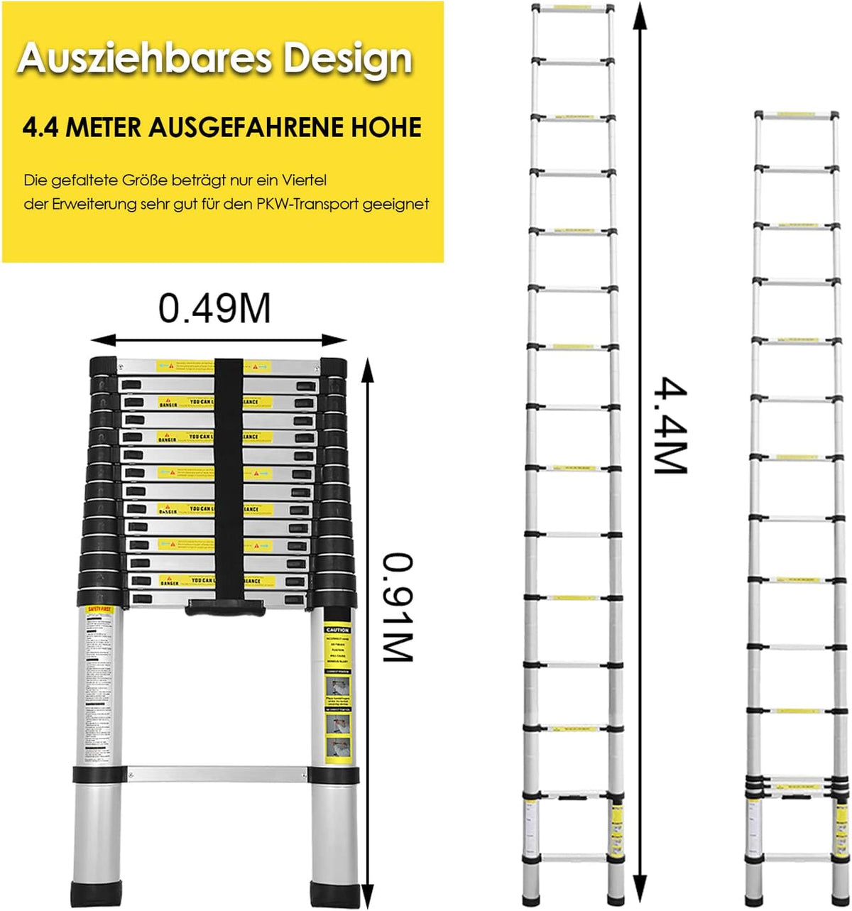 2.6m/3.2m/3.8m/4.4m Teleskopleiter, Aluminiumleiter Ausziehbare Leiter mit rutschfesten Füßen, Mehrzweckleiter für Dachboden, Stehleiter, Tragbar Leichte Leiter 150 kg Belastbarkeit