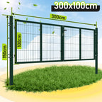 Doppelflügeltore, 300x100cm/350x100cm Metall Gartentor, Gartenzaun Zaun inkl. Griff, Schloss und 3 Schlüsseln, Robust Gartentür für Zauntür, Hoftor, Zauntor, Quadratrohr, Grün/Anthrazit