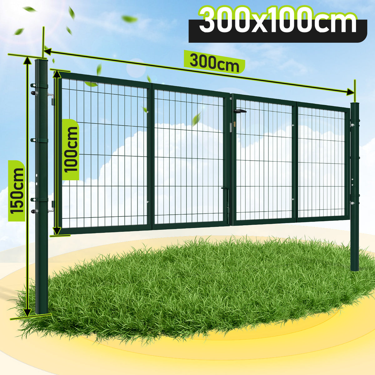 Doppelflügeltore, 300x100cm/350x100cm Metall Gartentor, Gartenzaun Zaun inkl. Griff, Schloss und 3 Schlüsseln, Robust Gartentür für Zauntür, Hoftor, Zauntor, Quadratrohr, Grün/Anthrazit