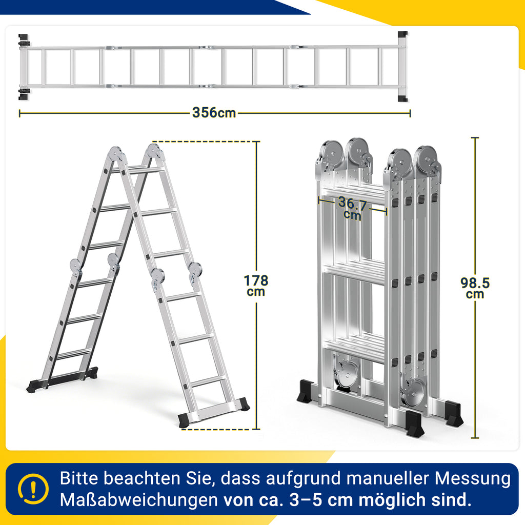 7-in-1-Multifunktionsleiter aus Aluminium, Tragkraft bis zu 150 kg, multifunktional, zusammenklappbar, einsetzbar als Anlehntreppe, Stehleiter und Treppenleiter, geeignet für Haushalt, Garten und Werkstatt, wahlweise mit 4x3, 4x4 oder 4x5 Sprossen.