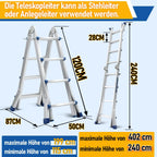 Aluminium multi-purpose ladder, 4-in-1 folding ladder, load capacity 150 kg, step ladder, extension ladder, double-sided ladder and stair ladder, telescopic ladder