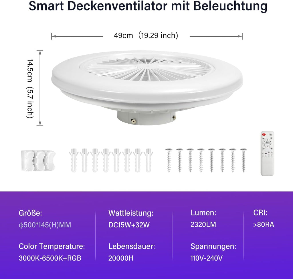 Deckenventilator Mit Beleuchtung, Smart RGB LED Fan Licht, φ50cm Deckenleuchte mit Ventilator, dimmbar, App und Fernbedienung, 6-Gang, 3 Farbtemperatur, Timer, Sommer/Wintermodus