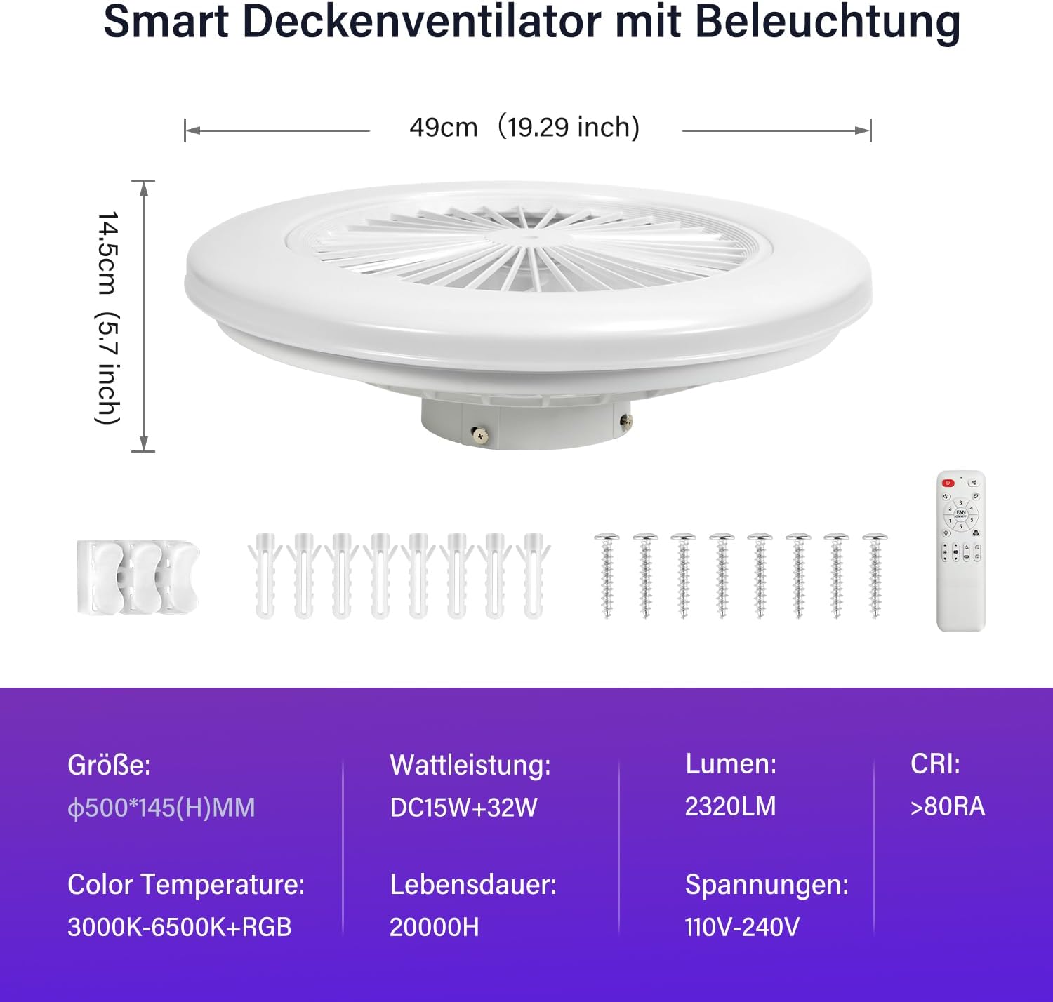 Deckenventilator Mit Beleuchtung, Smart RGB LED Fan Licht, φ50cm Deckenleuchte mit Ventilator, dimmbar, App und Fernbedienung, 6-Gang, 3 Farbtemperatur, Timer, Sommer/Wintermodus