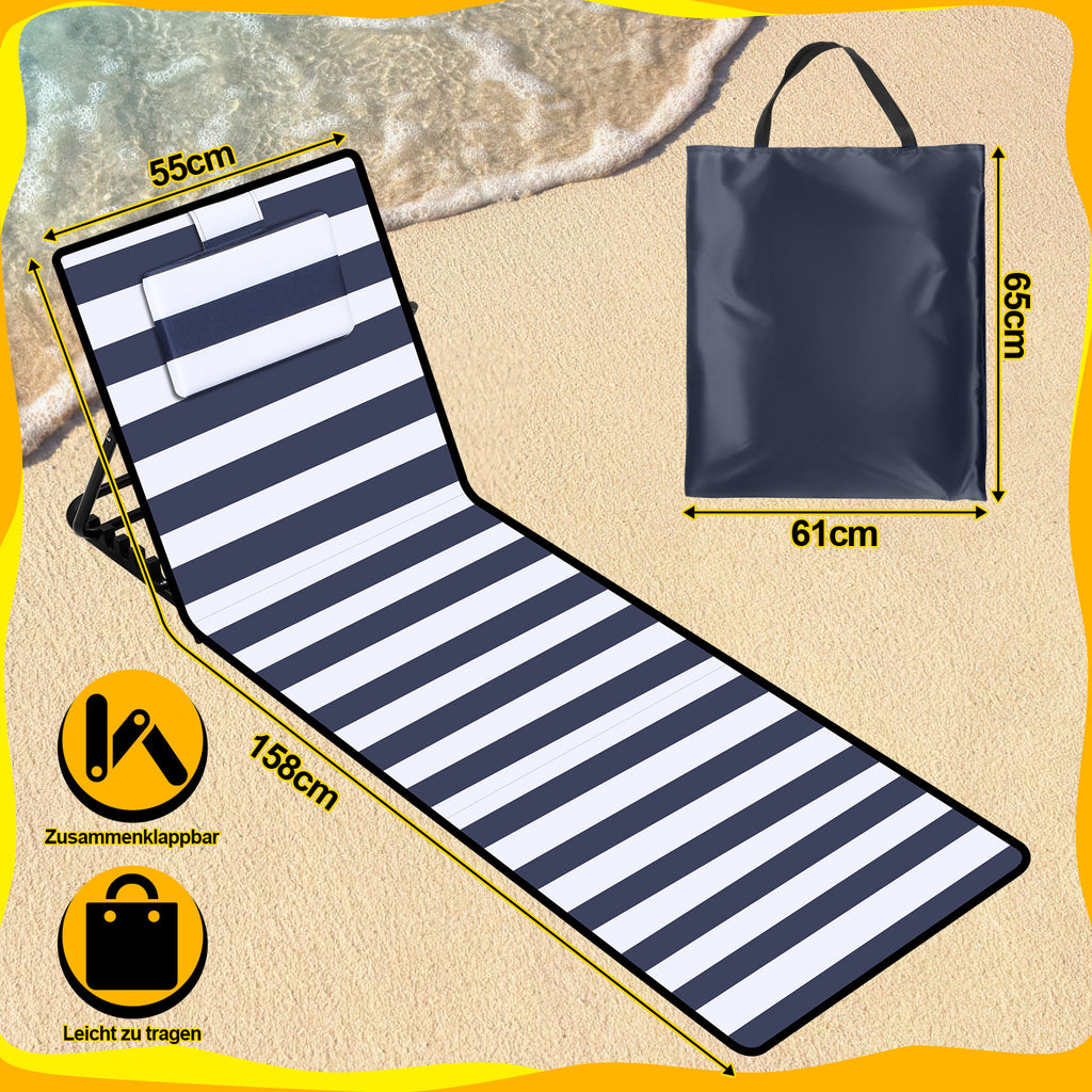 Strandliege Klappbar leicht, strandmatten gepolstert,Strandliege mit Handtasche,Staufächern,eingebautes Kissen mit 5-Gang-Einstellung, verschleißfestes Gewebe(158cm)