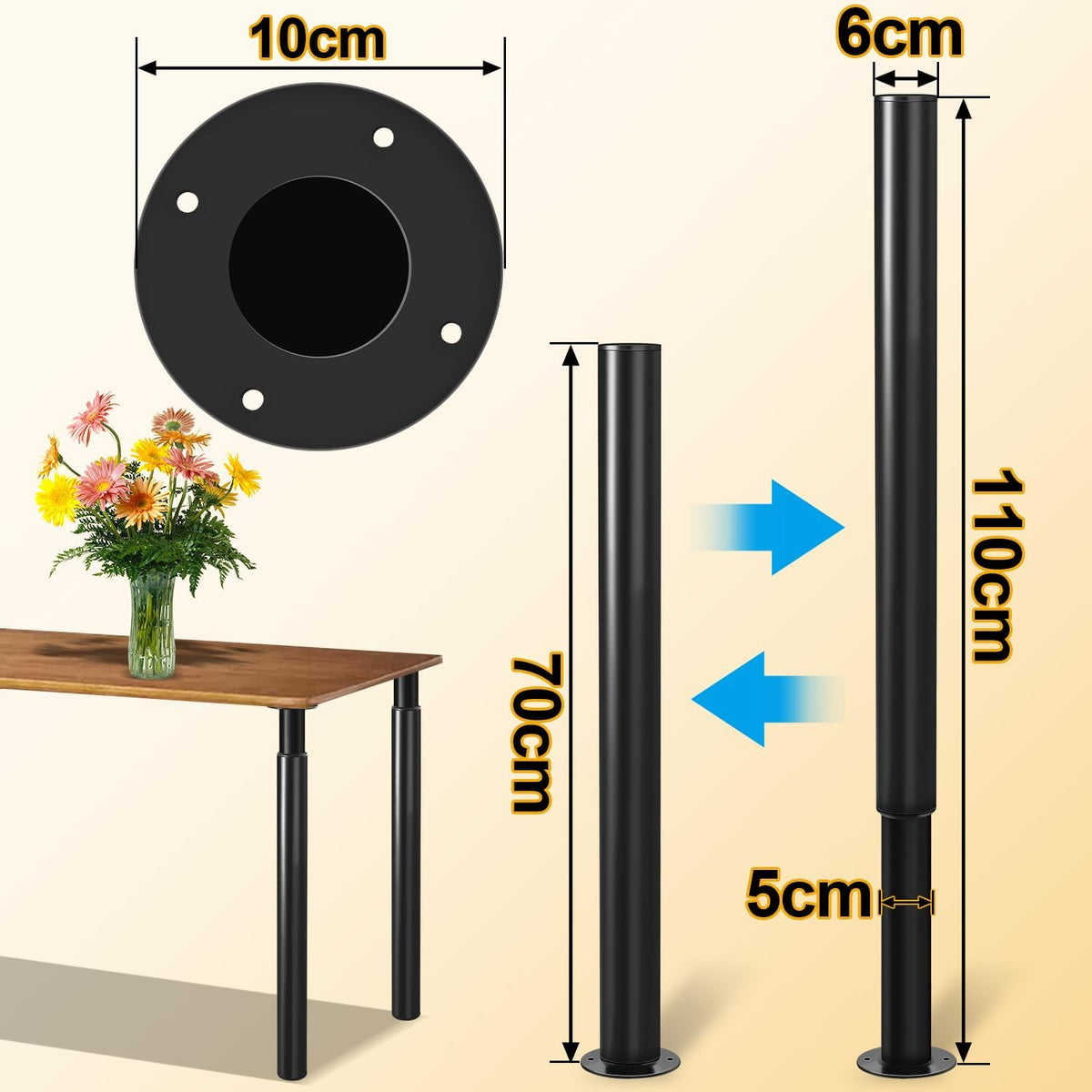Möbelfüße 4 Stück, Tischbeine höhenverstellbar 70-110 cm, Möbelbeine aus Stahl bis 200 kg belastbar, mit 16 Schrauben, für Tisch, Schrank, Nachttisch, Schlafsofa, Schwarz/Weiß