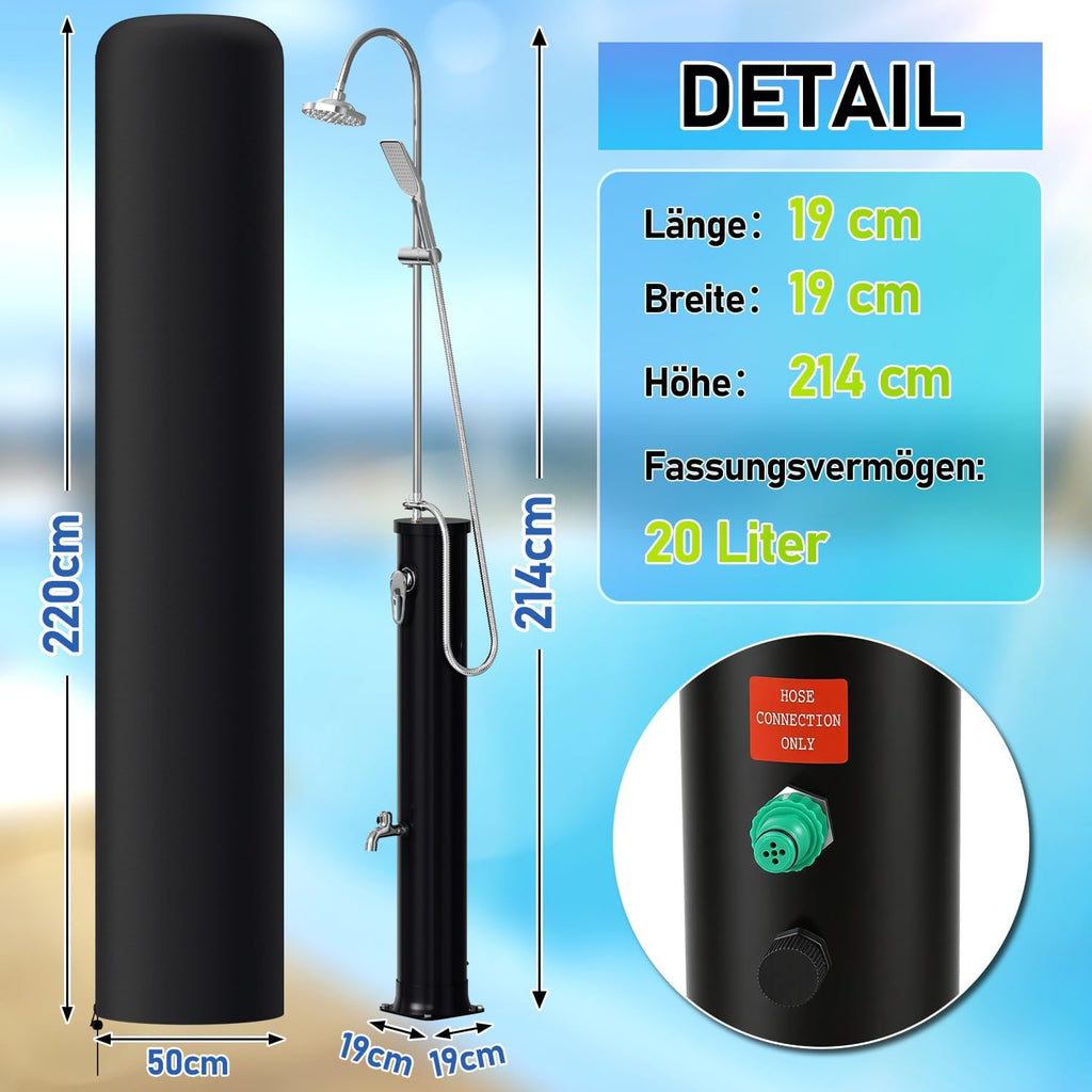 Solardusche 20L Halbe Einzelstab Solar Gartendusche warmes Wasser Bis Zu 60°C Ohne Stromanschluss Pooldusche Camping mit Handbrause und schwenkbarem Regenduschkopf inkl. Schutzhülle