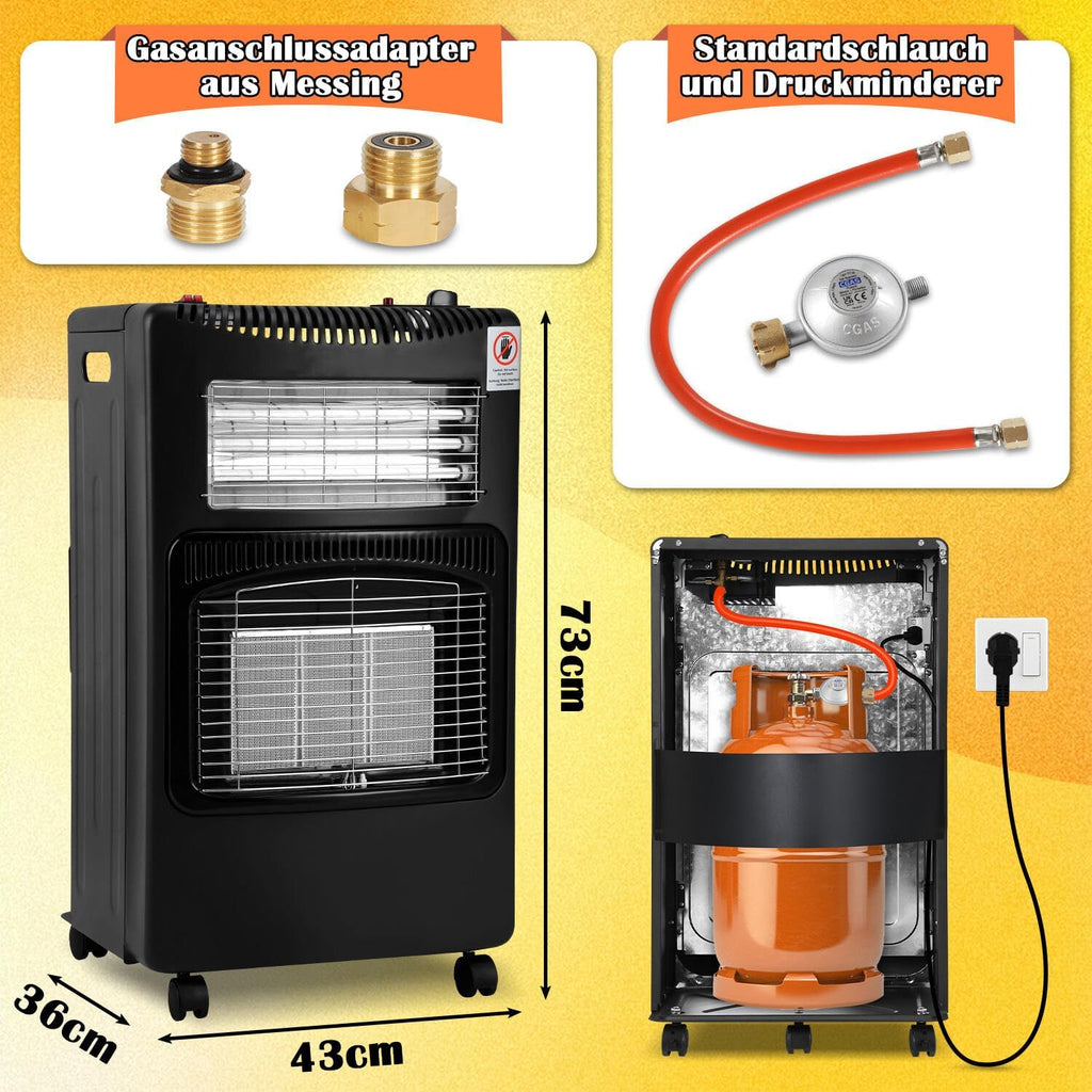 Gasheizer 4200W, Elektroheizung 1260W, Infrarot Keramikbrenner, Gas Heizstrahler inkl. Gasdruckregler & Gasschlauch, Gasheizofen, Butan- oder Propangasflaschen bis 15kg