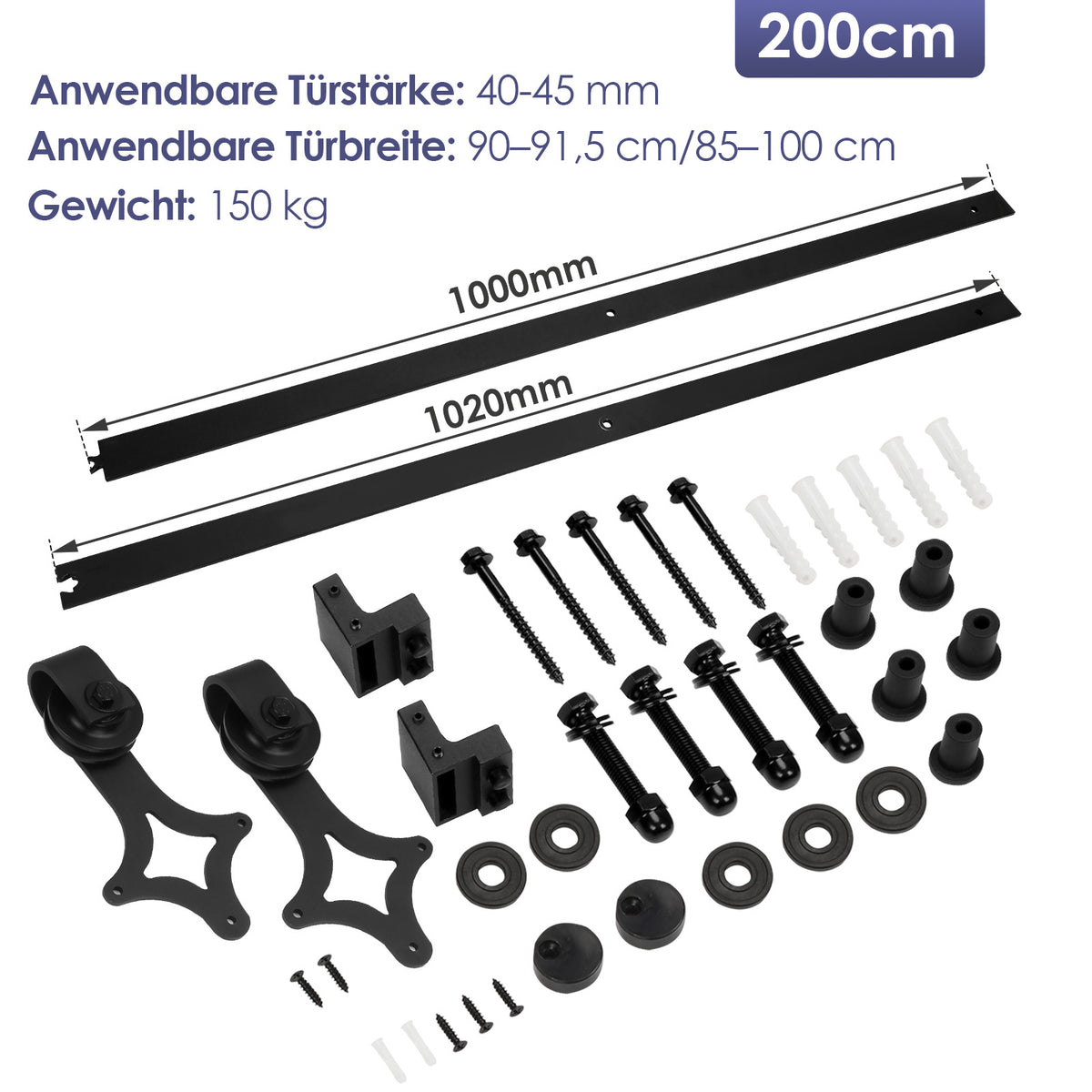 Schwarze Beschläge für Schiebetüren, Beschläge für Schiebetüren im Rautenmuster, Schienen für Schiebetüren, geräuscharmer Lauf, erhältlich in den Längen 183 cm und 200 cm (Türen sind nicht im Lieferumfang enthalten)