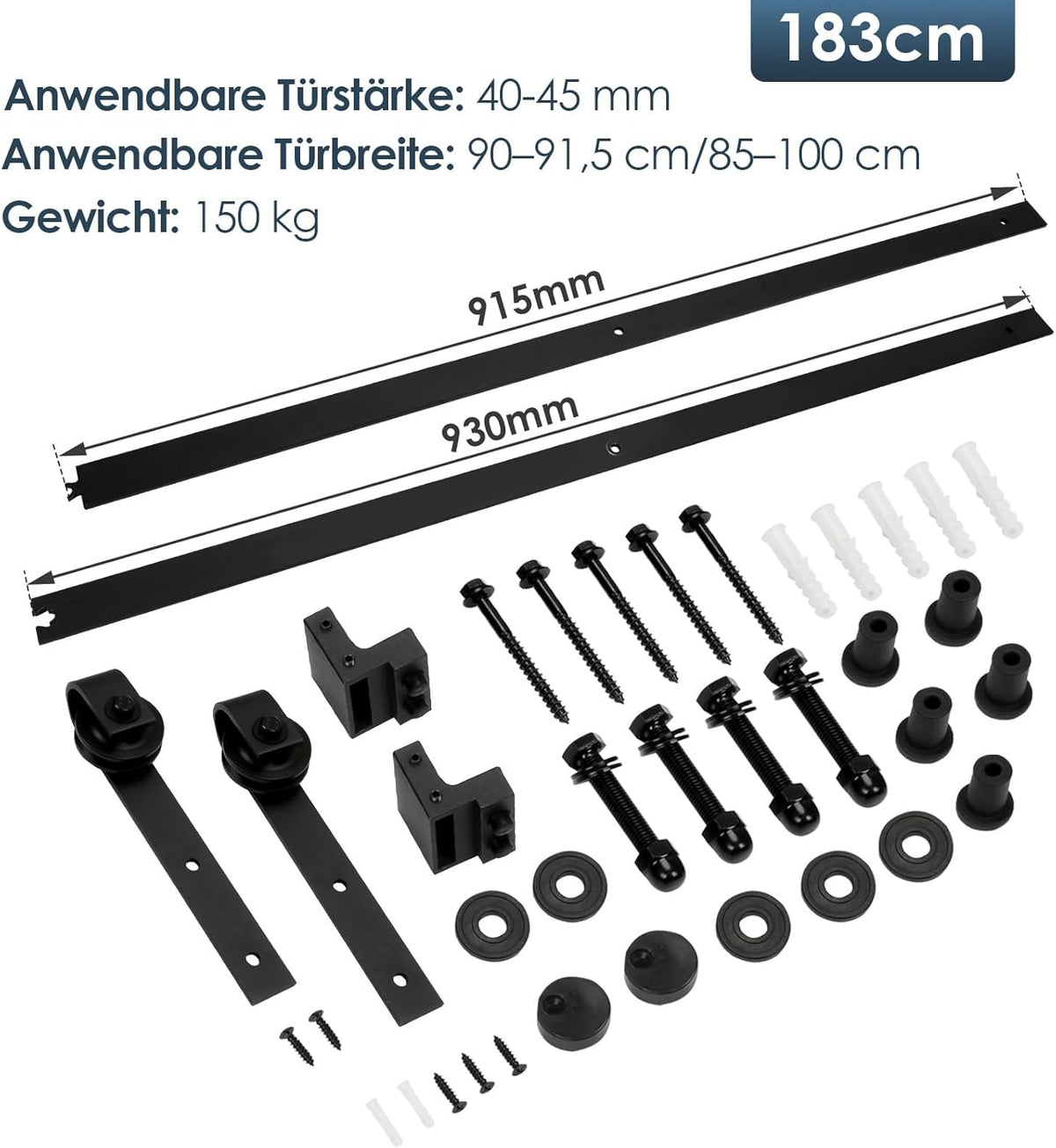 Beschläge für schwarze Schiebetüren, Beschläge für rechteckige Schiebetüren, Schienen für Schiebetüren, geräuscharmer Lauf, erhältlich in den Längen 152 cm, 183 cm, 200 cm, 244 cm und 363 cm (Tür nicht im Lieferumfang enthalten)
