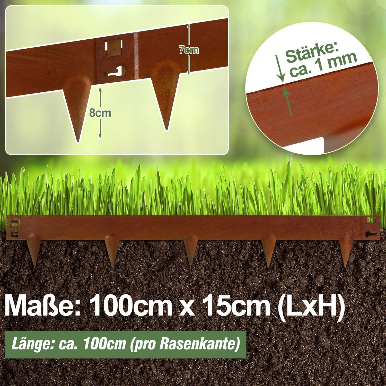 Rasenkante Metall Mähkante mit Dornen, 100x15cm / 100x18cm Rasenkanten Flexible Beetumrandung Rostbeständige, Mähkante Wetterfest, Rostfarbe