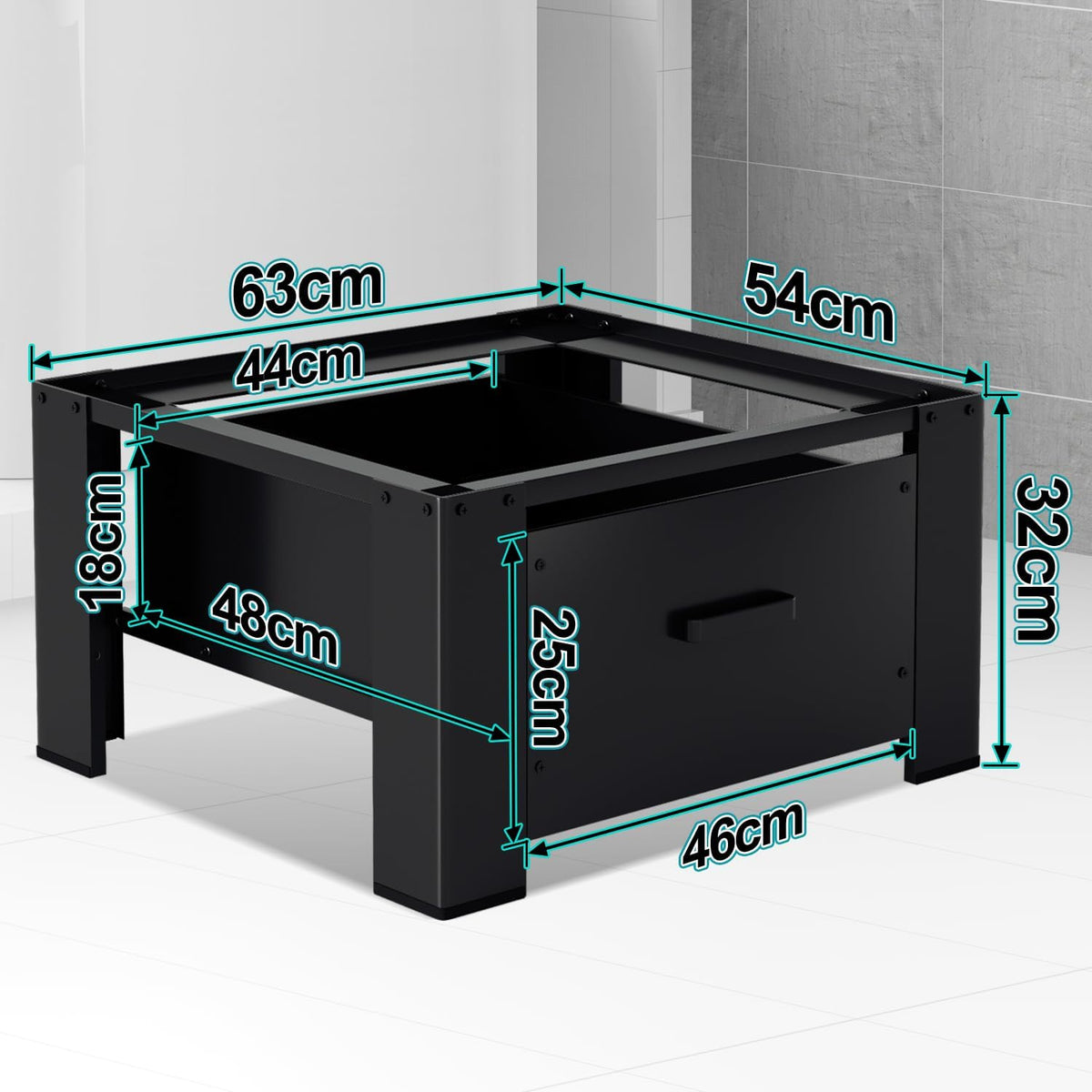 Waschmaschinen Unterschrank mit Schublade 63x54x32 cm – Podest für Waschmaschine und Trockner, mit großer Schublade (44x48x18 cm) und Gummiauflage zur Geräuschdämpfung