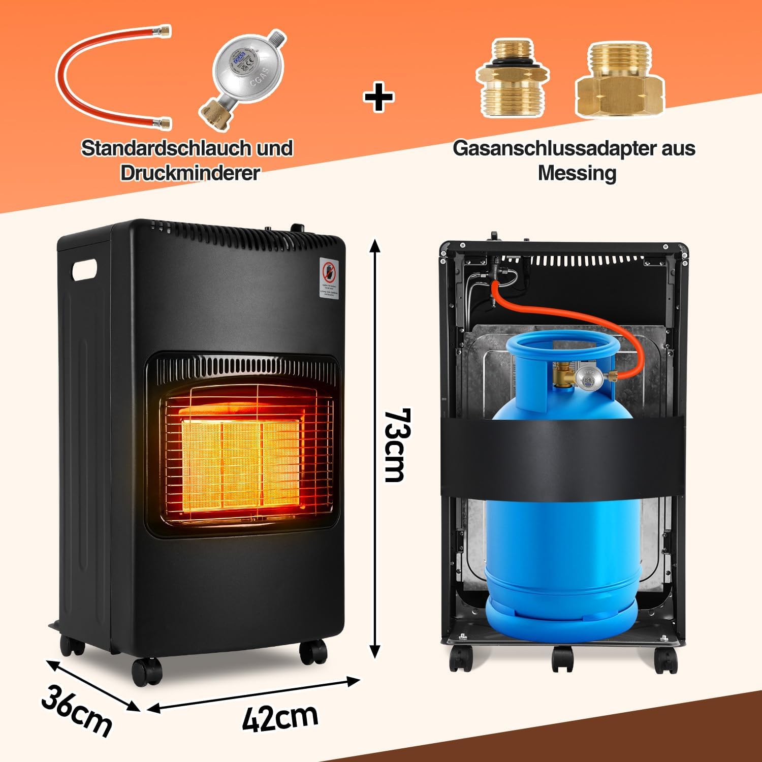 Gasheizung für Innenräume 4200W, Gasofen, 3 Stufen, 2 EU-Adapter Gasheizer mit 3 Heizstufen, ODS-System, 2 EU-Adaptern und 5 Rollen für Balkon, überdachte Terrasse und belüftete Räume