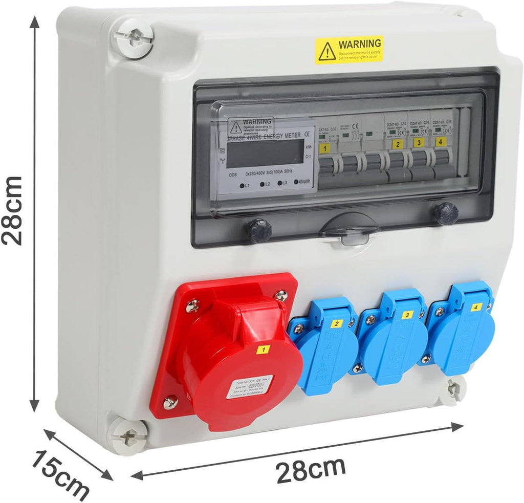 Stromverteiler 32A Industrie IP65 mit 3-Phasen Energiezähler 100A, 3x Schuko 16A, CEE 32A 5-polig, Wandverteiler mit Leitungsschutzschaltern für Baustelle