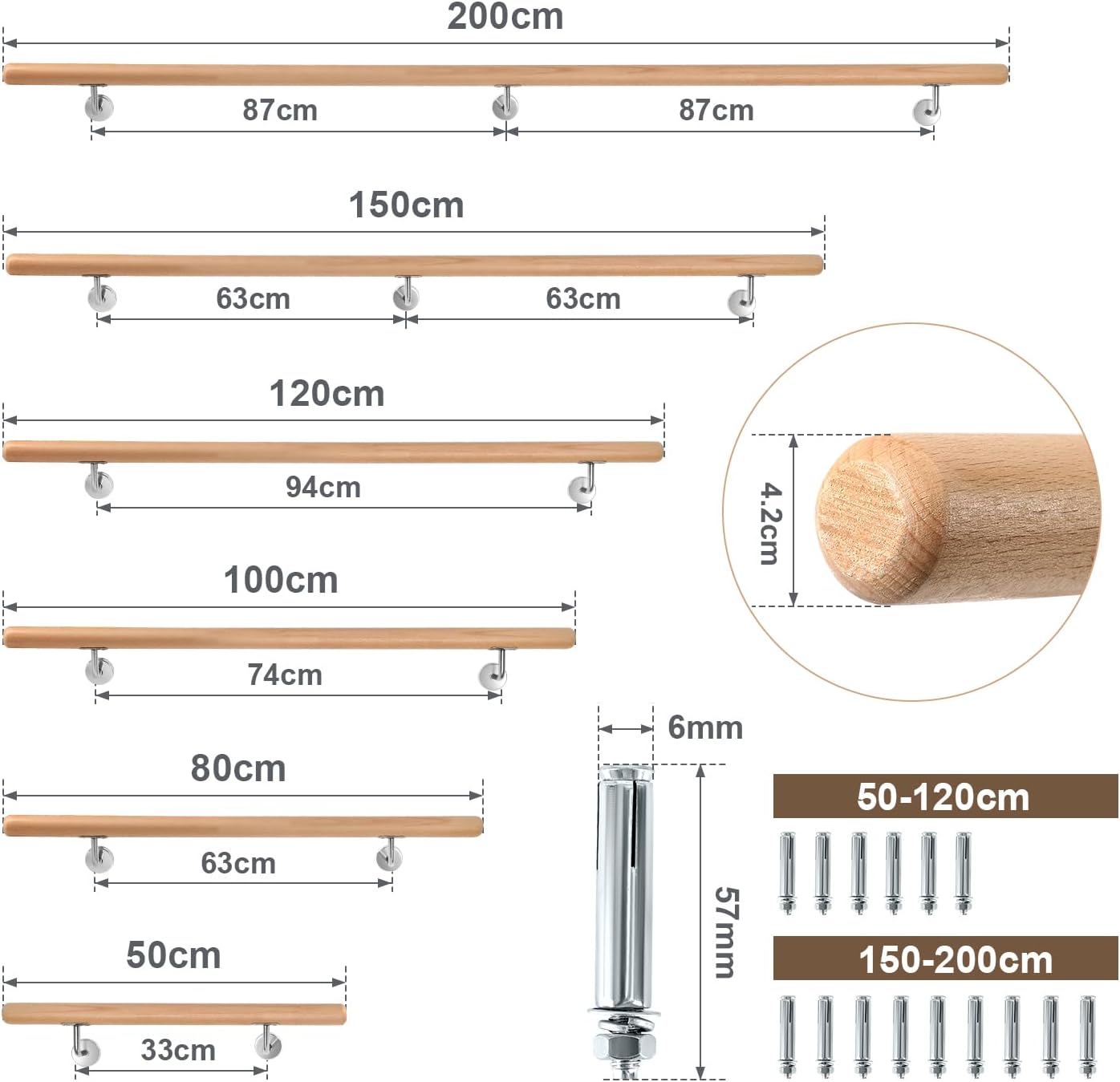 Treppengeländer, Wandgeländer mit Wandbefestigungen und Endkappen, Durchmesser 42 mm, wandmontiertes Treppengeländer, rutschfestes Geländer für Treppen und Balkone, erhältlich in den Längen 50, 80, 100, 120, 150 und 200 cm.
