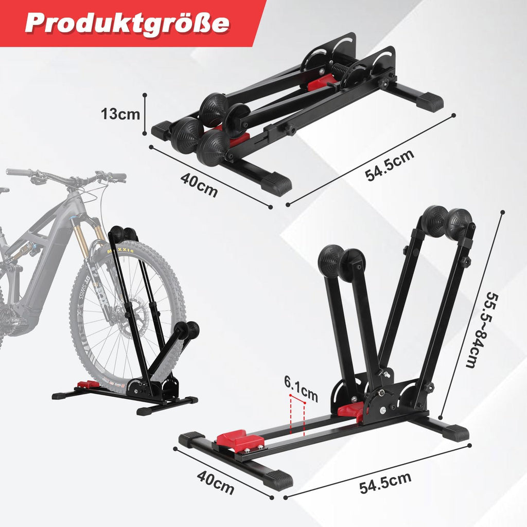 3-in-1-Klappfahrradständer, vertikale oder horizontale Aufstellung möglich, keine Bohrungen erforderlich, geeignet für 24–29 Zoll, robuste Konstruktion aus Kohlenstoffstahl, rutschfeste Unterlegmatten, geeignet für Garagen, Wohnungen und Keller