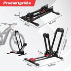 3-in-1-Klappfahrradständer, vertikale oder horizontale Aufstellung möglich, keine Bohrungen erforderlich, geeignet für 24–29 Zoll, robuste Konstruktion aus Kohlenstoffstahl, rutschfeste Unterlegmatten, geeignet für Garagen, Wohnungen und Keller