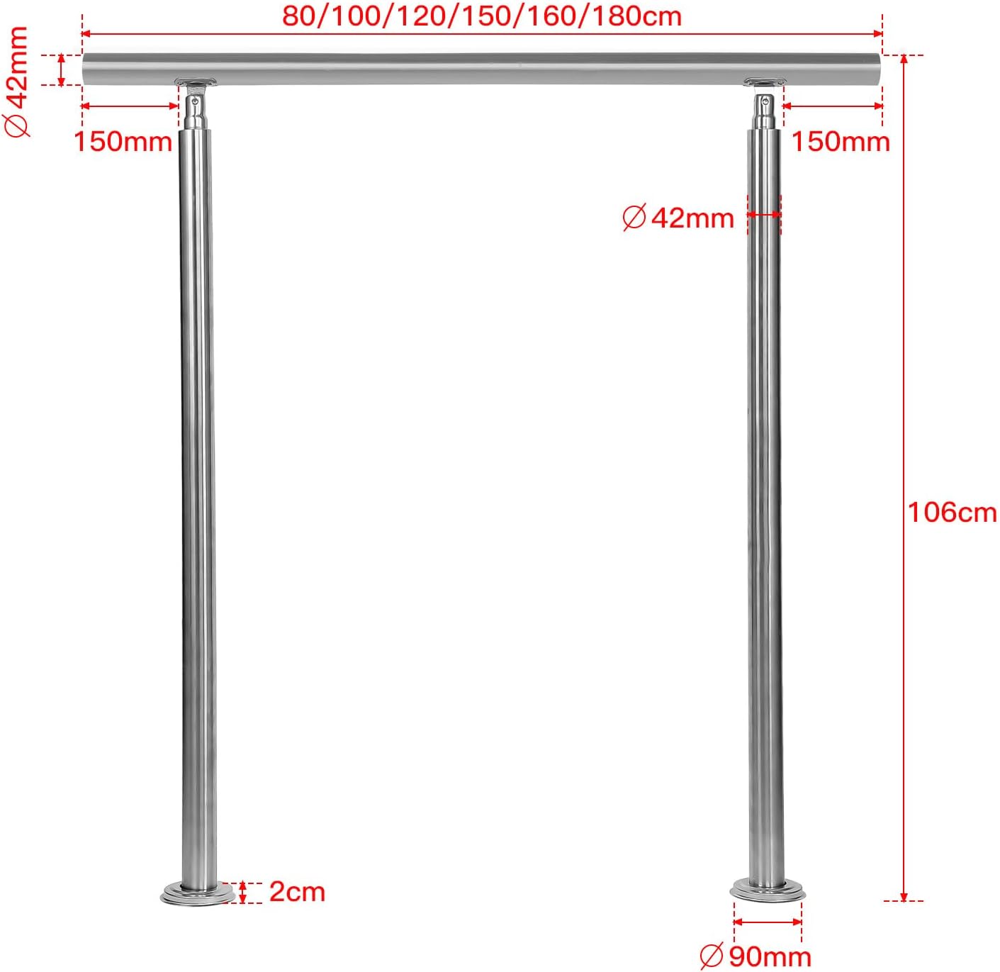 Handlauf Edelstahl 80/100/120/150/160/180 cm, Treppengeländer ohne Querstreben | Rostfrei, Wetterfest, Gebürstet, Winkelverstellbar für Innen & Außen und für Treppen, Balkon & Eingang