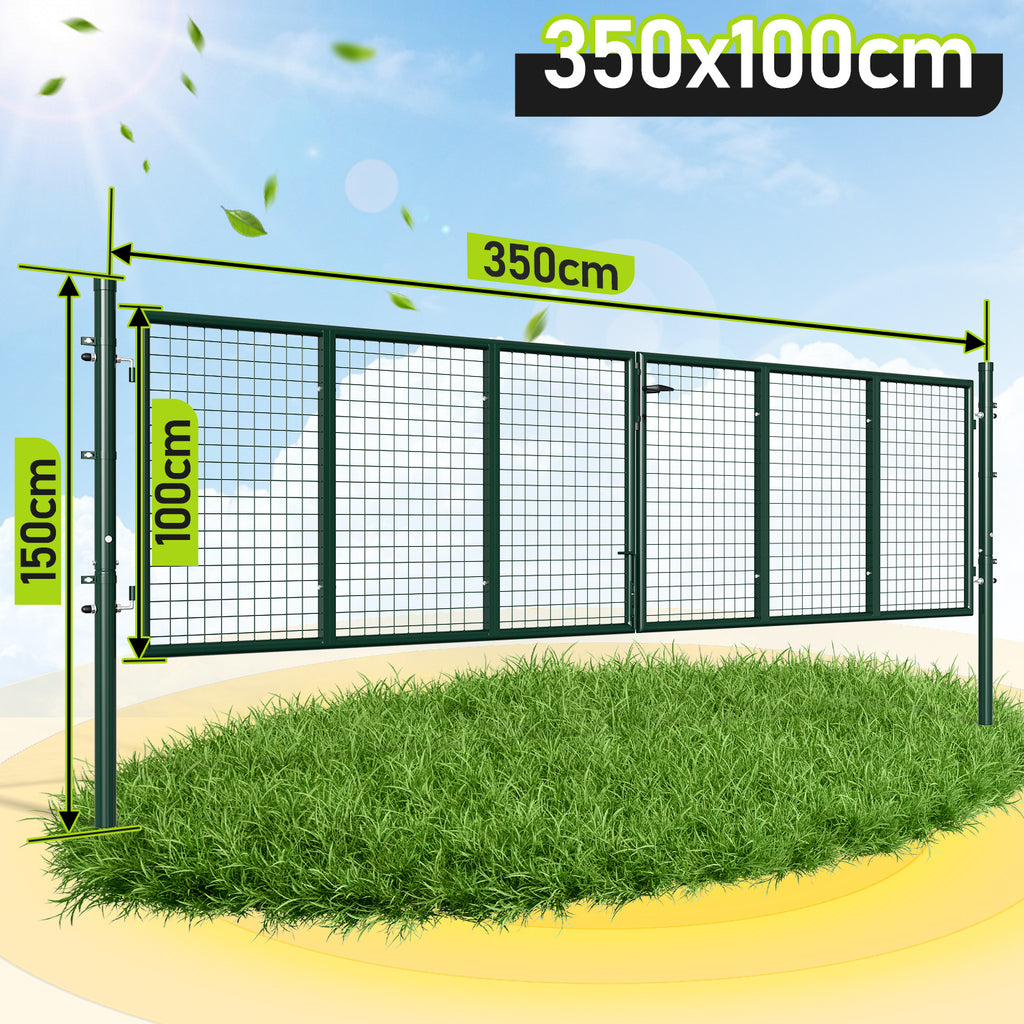 Doppelflügeltore, 300x100cm/350x100cm Metall Gartentor, Gartenzaun Zaun inkl. Griff, Schloss und 3 Schlüsseln, Robust Gartentür für Zauntür, Hoftor, Zauntor, Rundrohr, Grün/Anthrazit