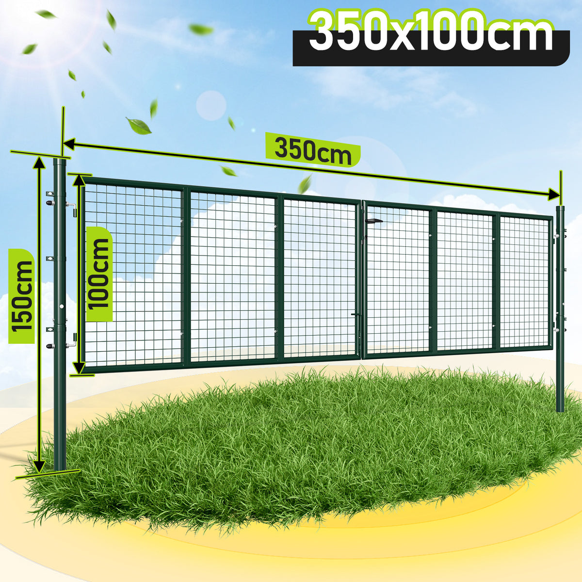 Doppelflügeltore, 300x100cm/350x100cm Metall Gartentor, Gartenzaun Zaun inkl. Griff, Schloss und 3 Schlüsseln, Robust Gartentür für Zauntür, Hoftor, Zauntor, Rundrohr, Grün/Anthrazit
