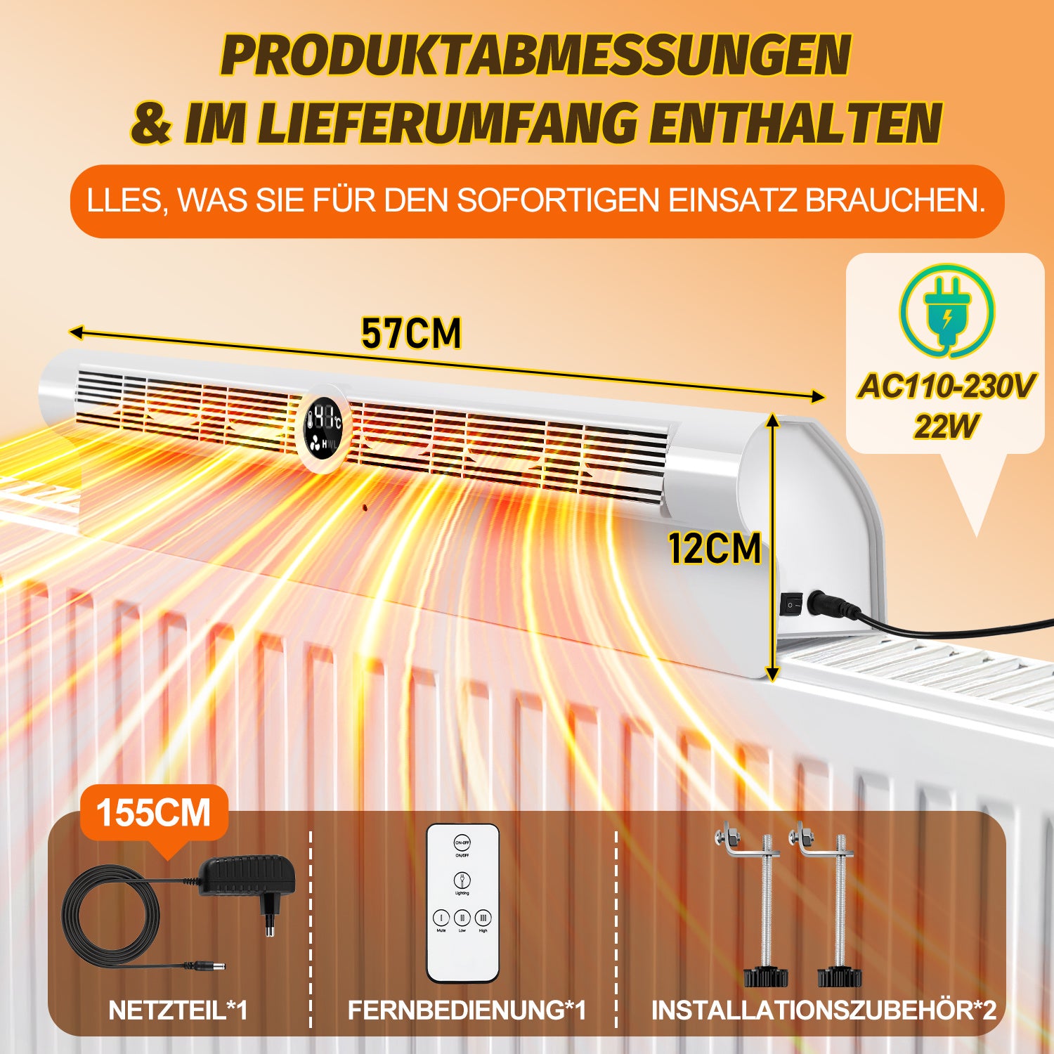 Heizkörper Ventilator Weiß - Energieeffizienter Wärmeverteiler mit 6 Lüftern, Automatischer Ein/Aus-Funktion, 3-Stufen-Regelung, RGB-LED und Fernbedienung für Schnelle Wärmeverteilung