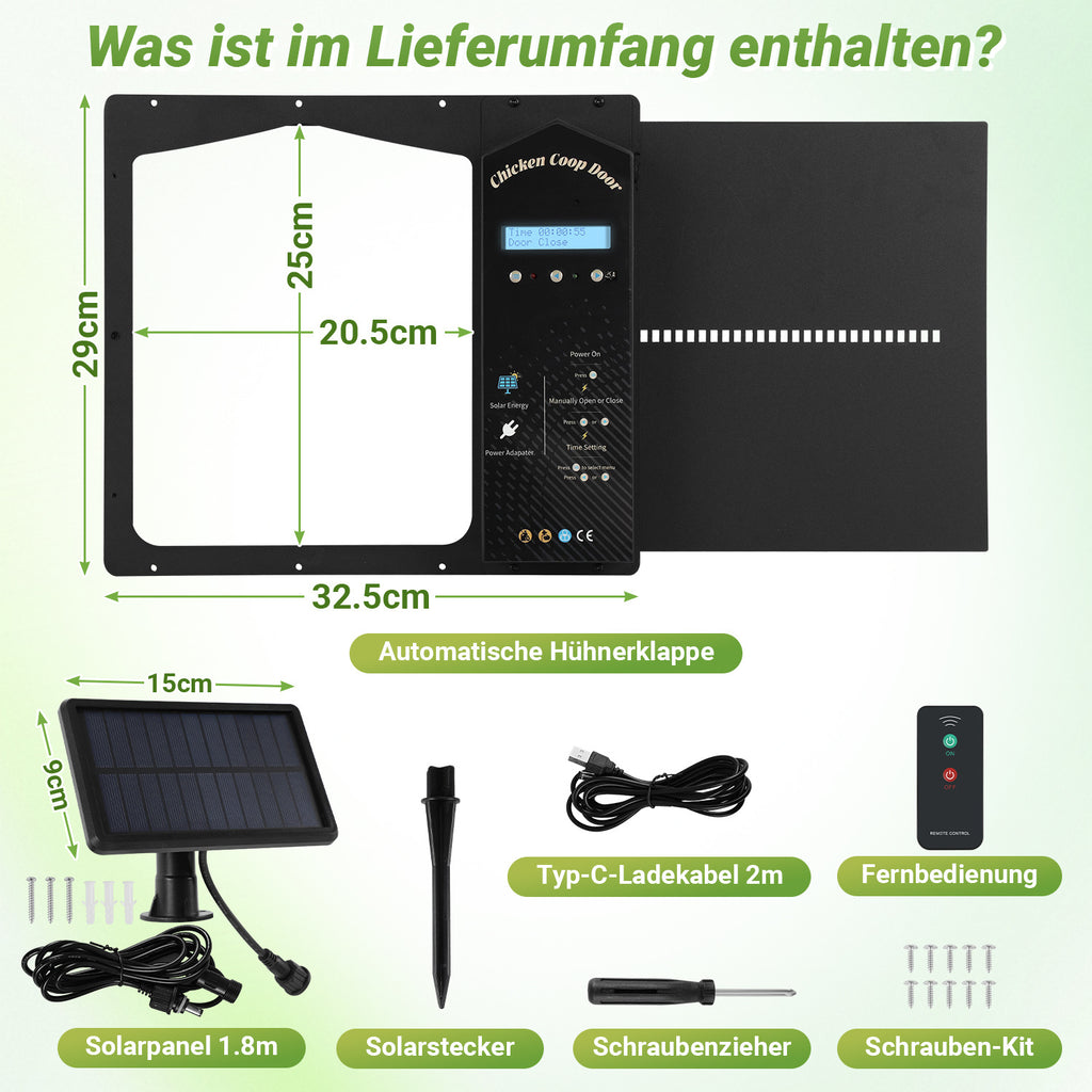 Elektrisches Solartor für Hühnerställe – Automatisches Hühnerstalltore mit Lichtsensor – LCD-Display – Zeitschaltuhr – Fernbedienung – Intelligente Schutzfunktion