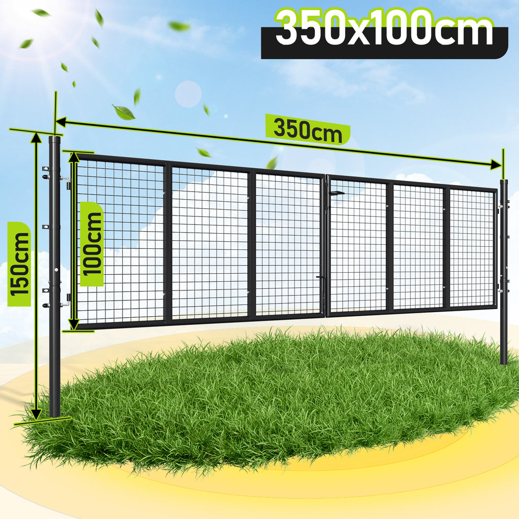 Doppelflügeltore, 300x100cm/350x100cm Metall Gartentor, Gartenzaun Zaun inkl. Griff, Schloss und 3 Schlüsseln, Robust Gartentür für Zauntür, Hoftor, Zauntor, Rundrohr, Grün/Anthrazit