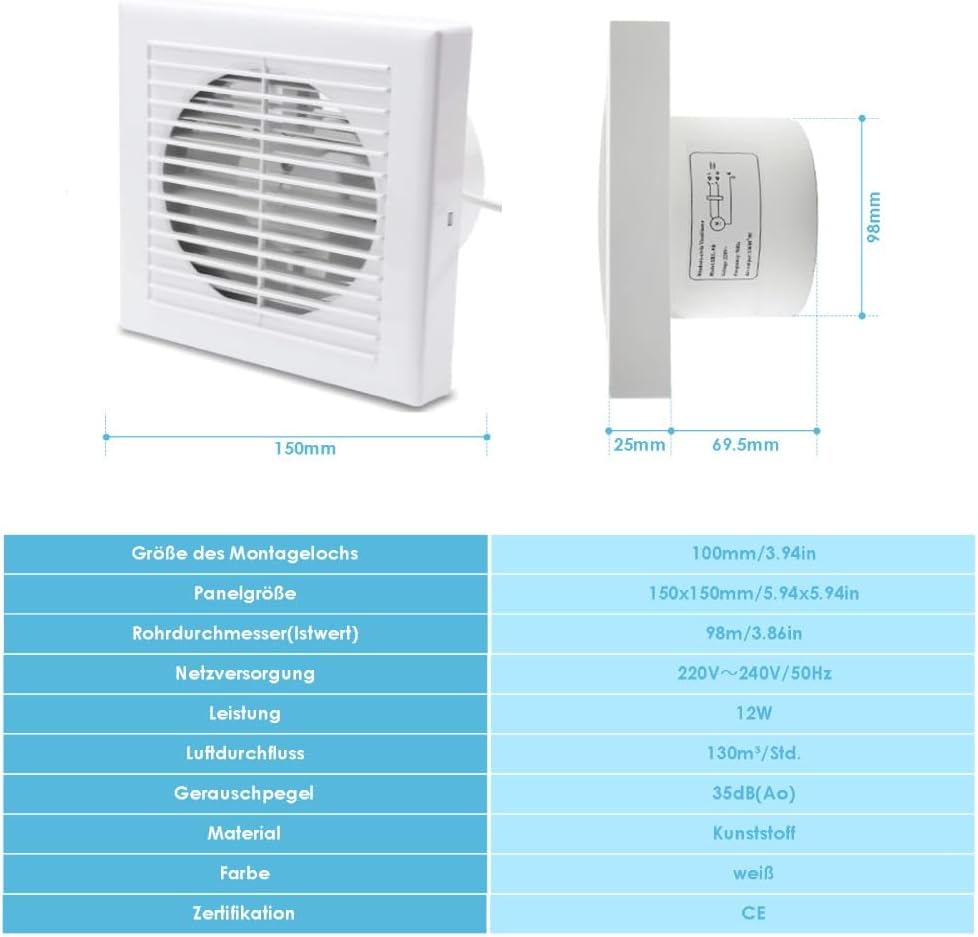 100/150 mm leiser Badventilator, Plug-and-Play, Kunststoffgehäuse, geeignet für Badezimmer, Küche, Keller und Toiletten, leitet Wasserdampf und Gerüche ab, glatte Frontblende, weiß