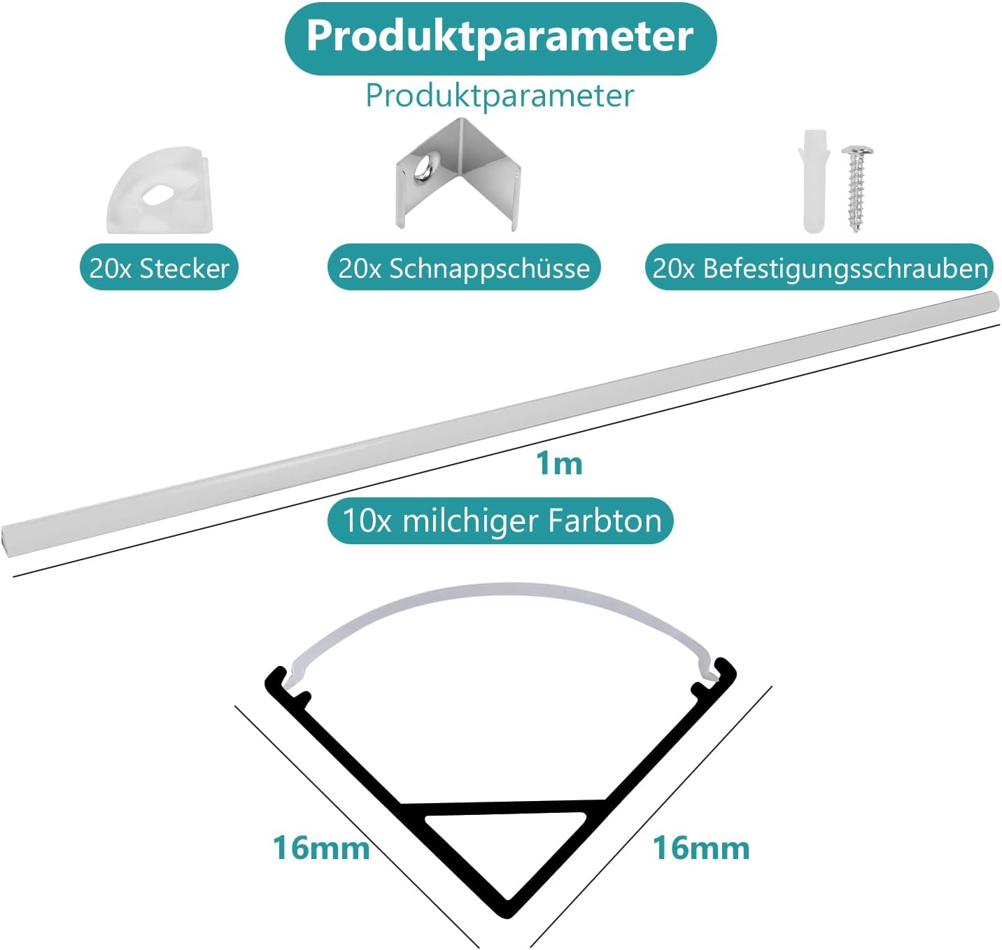 1 Meter lange LED-Aluminiumprofil-Lichtschiene, V-förmige/U-förmige Aluminiumprofile, LED-Schiene mit milchweißen Endkappen und Befestigungsklammern, geeignet für LED-Lichtbänder (Breite bis zu 12,5 mm), LED-Diffusorplatten, 10–50 Stück