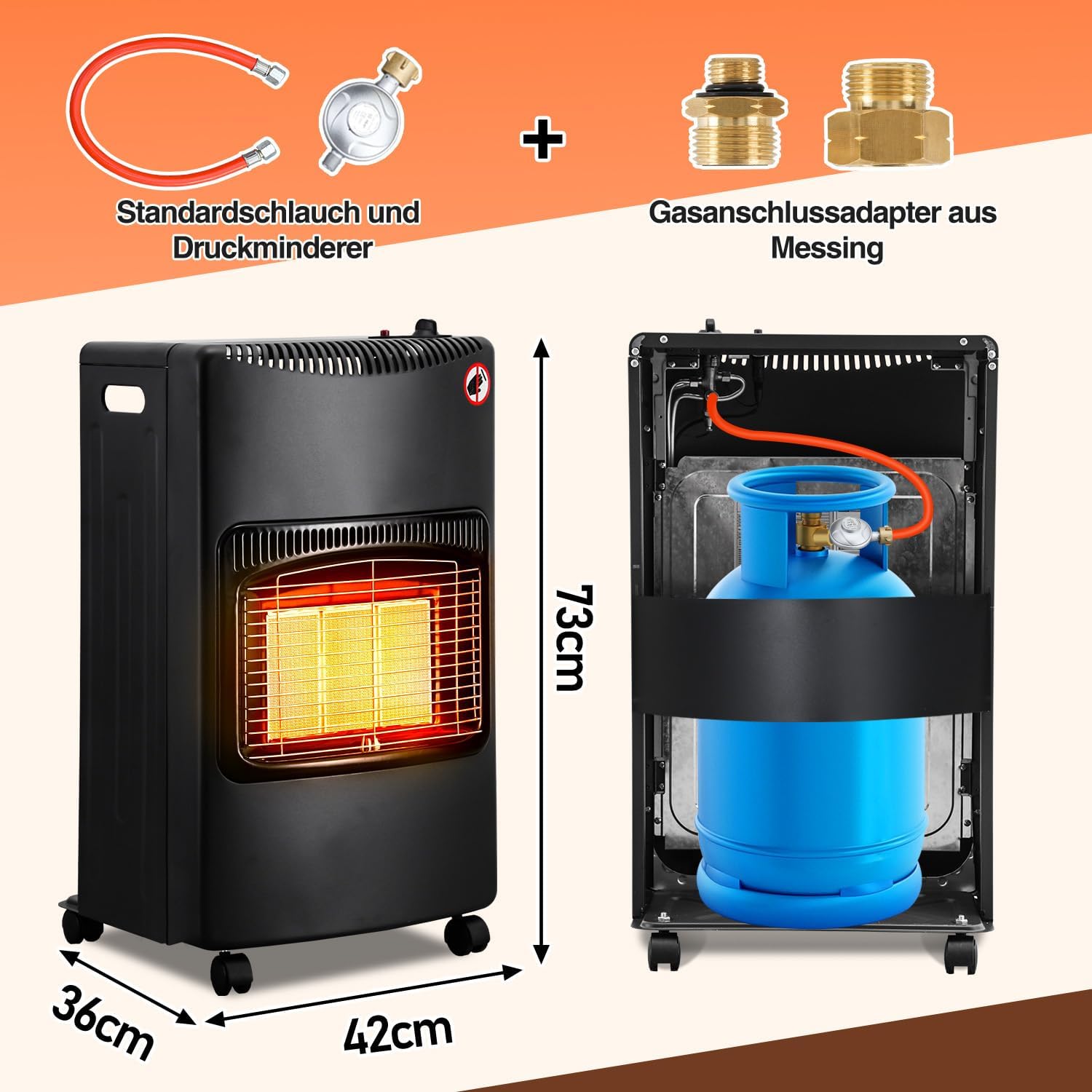 Gasheizung für Innenräume 4200W, Gasofen, Tülle, 2 EU-Adapter Gasheizer mit Schlauchtülle, Druckregler, 2 EU-Adaptern und 4 Rollen für Balkon, überdachte Terrasse und belüftete Räume