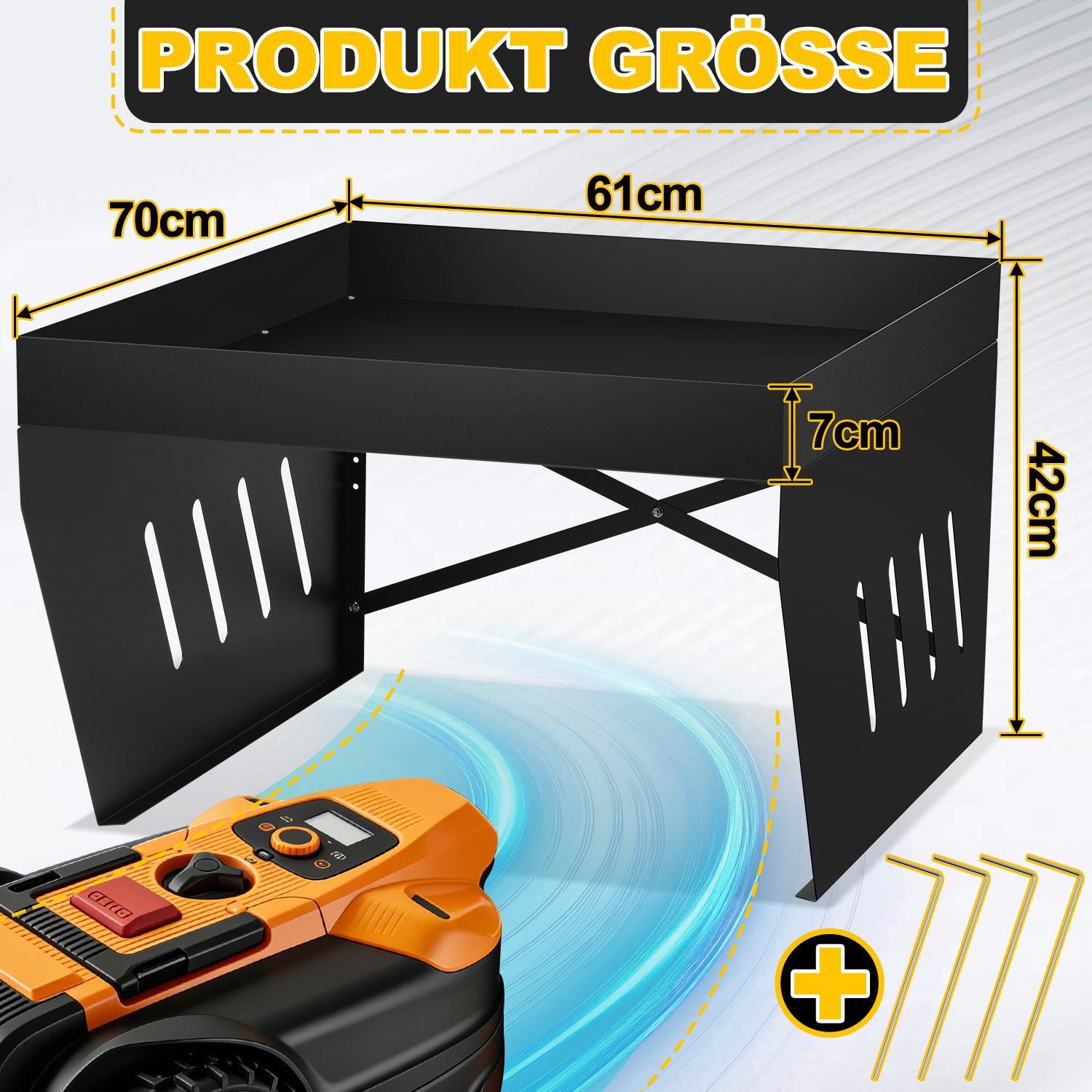 Garage für Mähroboter, 70 x 61 x 42 cm, Überdachung für Rasenmäher, spezielle Überdachung für Rasenmäher/Mähroboter, mit begrünbarem Dach, Wasserablauf und 4 Bodenverankerungen, bietet wirksamen Schutz vor Regen und Hagel, schwarz