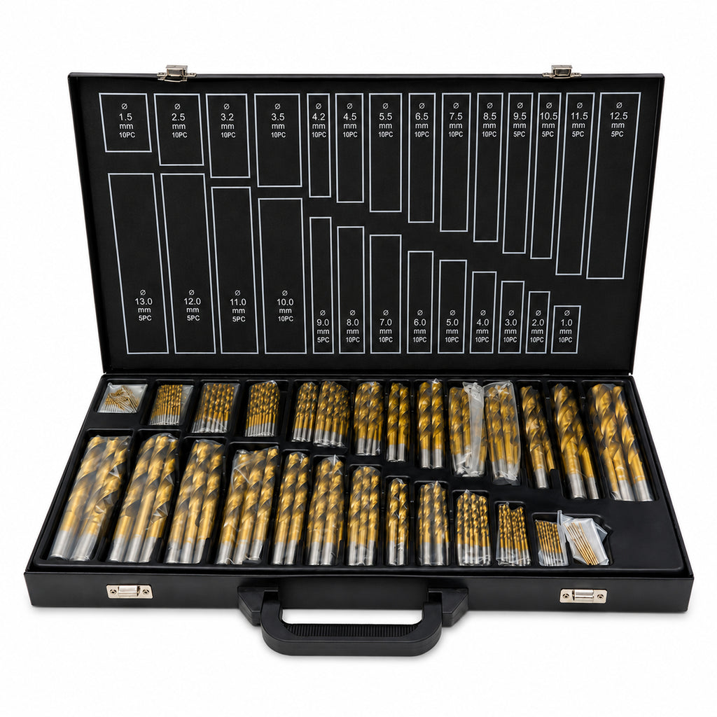 230-teiliges Set aus titanbeschichteten Schnellarbeitsstahl-Spiralbohrern, geeignet für Metall, Durchmesser 1–13 mm, gemäß DIN 338, inklusive Aufbewahrungskoffer, geeignet für Metall- und Holzbearbeitung, Reparaturen sowie den Einsatz in der Werkstatt