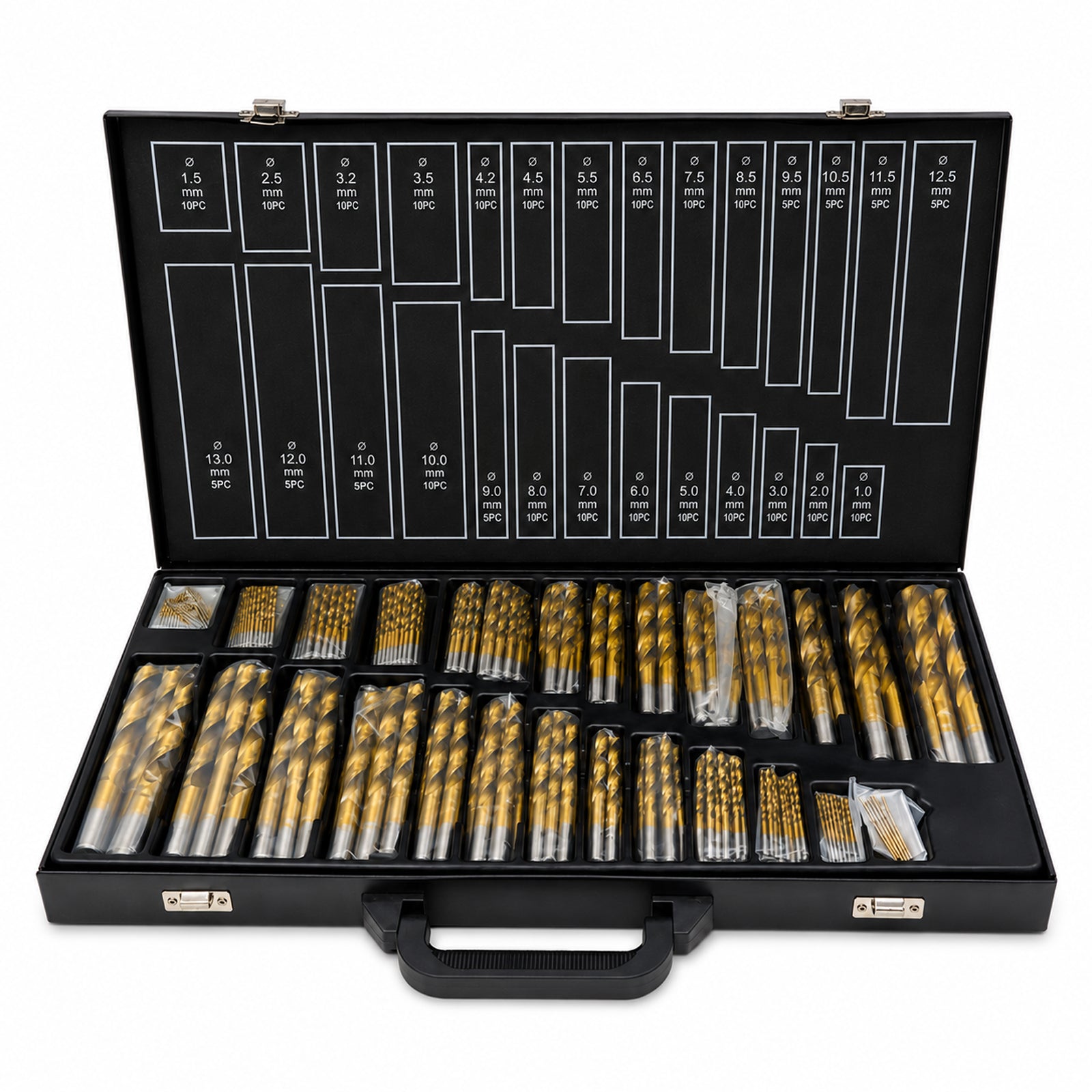 230-teiliges Set aus titanbeschichteten Schnellarbeitsstahl-Spiralbohrern, geeignet für Metall, Durchmesser 1–13 mm, gemäß DIN 338, inklusive Aufbewahrungskoffer, geeignet für Metall- und Holzbearbeitung, Reparaturen sowie den Einsatz in der Werkstatt