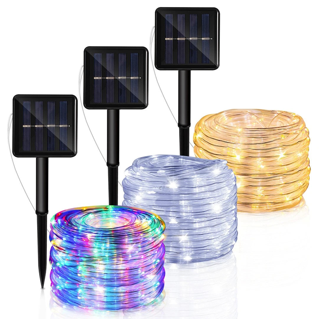 10/20/30 Meter lange Solar-Lichterkette mit 100 LEDs, bunt, für den Außenbereich geeignet – wasserdichtes Design, 8 Leuchtmodi, ideal für Festtagsdekorationen und Partys im Freien, wahlweise in den Farben Regenbogen, Warmweiß und Kaltweiß