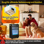 Gasheizung für Innenräume 3800W, Gasofen, 2 Stufen, 2 EU-Adapter Gasheizer mit 2 Heizstufen, ODS-System, 2 EU-Adaptern und 5 Rollen für Balkon, überdachte Terrasse und belüftete Räume