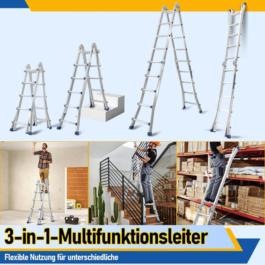 Aluminium multi-purpose ladder, 4-in-1 folding ladder, load capacity 150 kg, step ladder, extension ladder, double-sided ladder and stair ladder, telescopic ladder