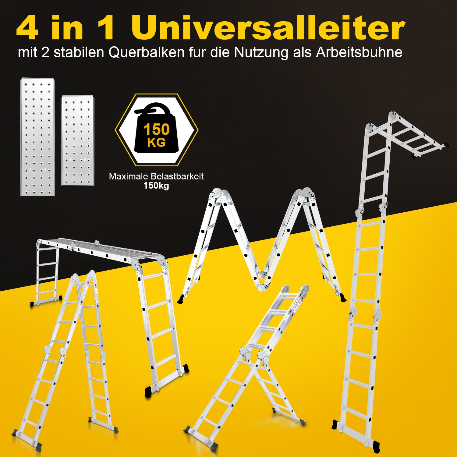 Multifunktionsleiter aus Aluminiumlegierung, Multifunktionsleiter mit Plattform, Leiter mit 2 Gerüstbrettern, Trittleiter mit einer Tragkraft von 150 kg, silberfarben, wahlweise mit 4x3/4×4 oder 4×5 Sprossen.