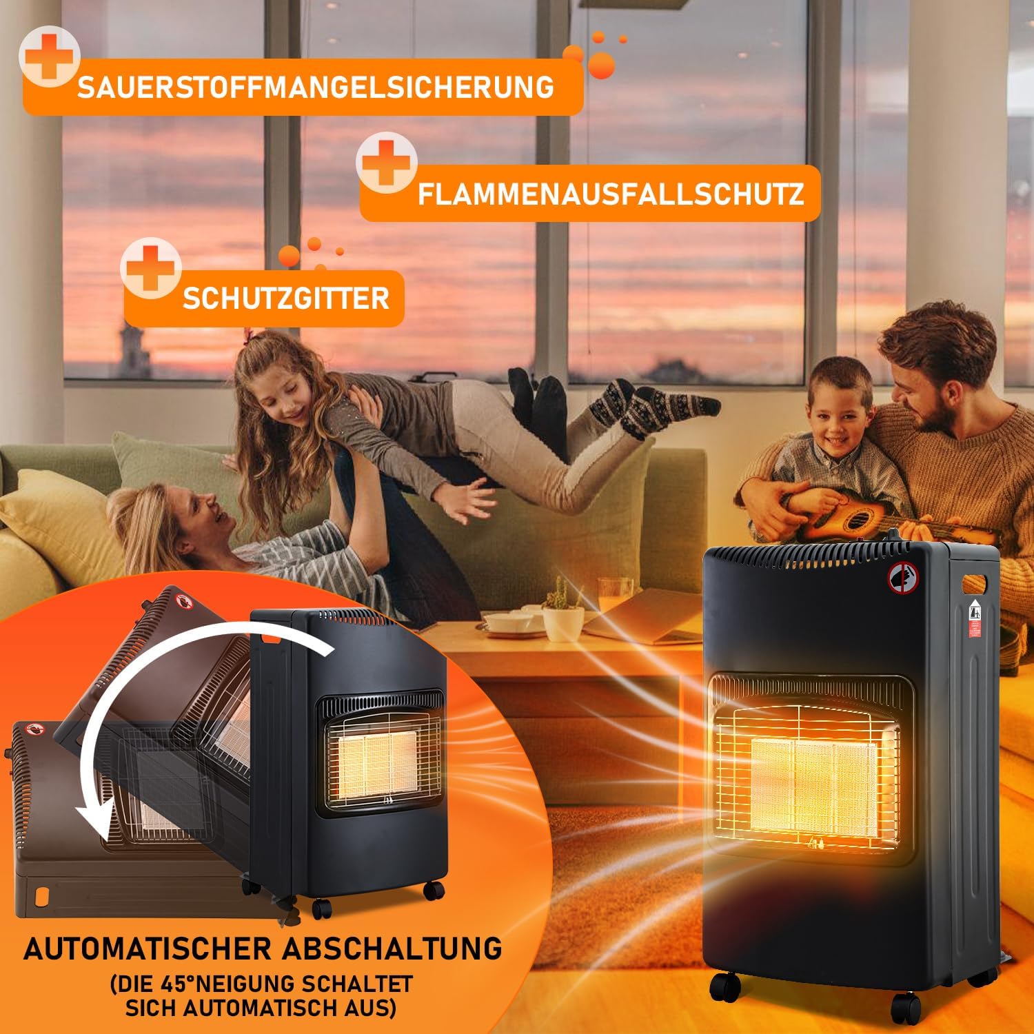 Gasheizung für Innenräume 4200W, Gasofen, 3 Stufen, Gasschlauch Gasheizer mit 3 Heizstufen, ODS-System, Druckregler und Gasschlauch für Balkon, überdachte Terrasse und belüftete Räume