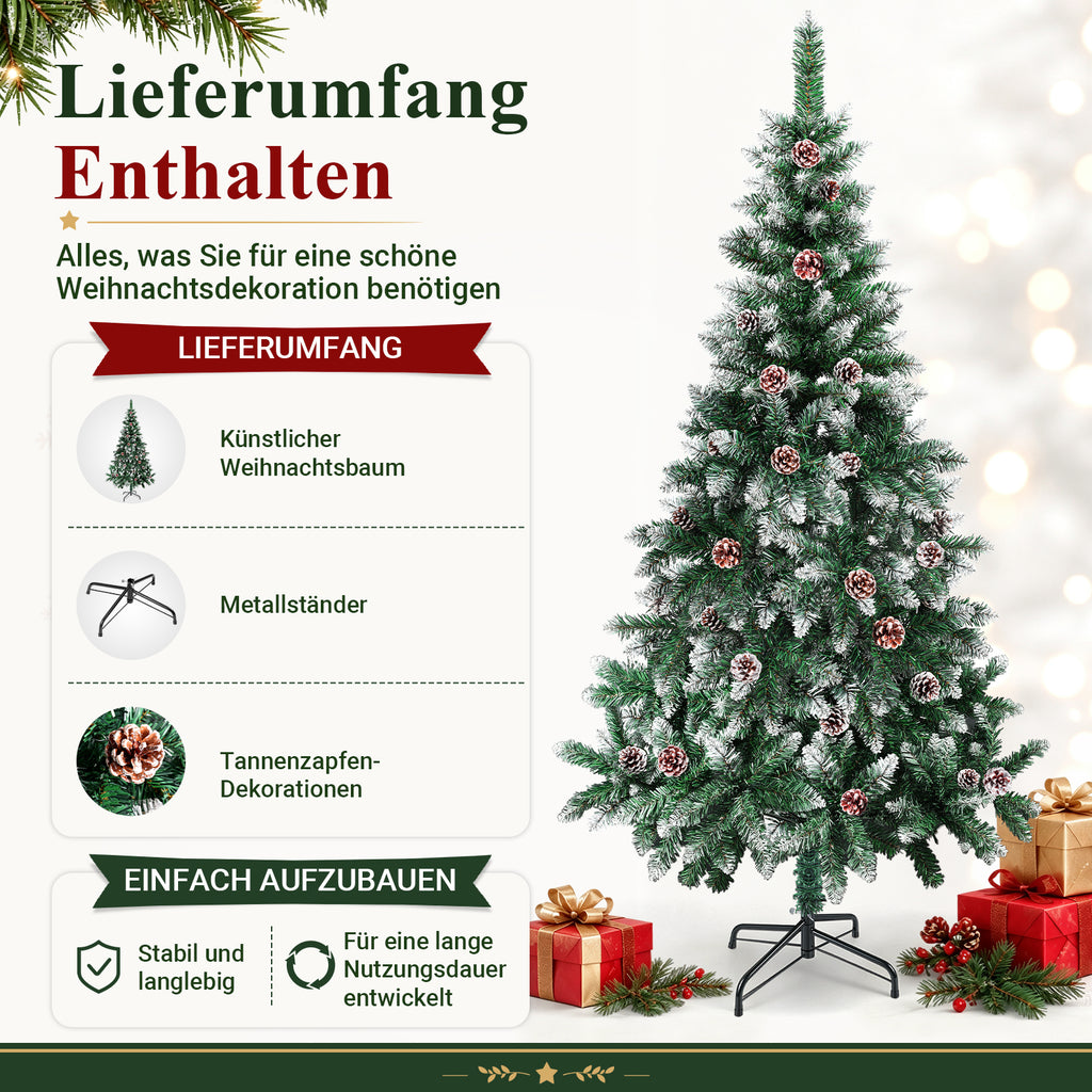 Weihnachtsbaum mit Tannenzapfen, 120/150/180/210 cm; 15 cm lange PVC-Zweige; künstliche Tanne mit Schneelandschaft; inklusive Ständer, einfach aufzubauen, zerlegbar und platzsparend verstaubar