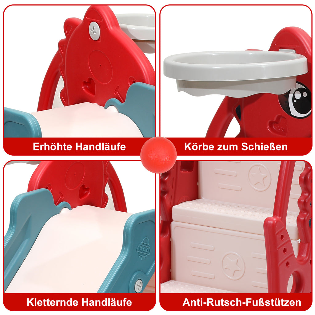 Kinderrutsche, zusammenklappbare Kinderrutsche, stabile Gartenrutsche mit Basketballkorb und Handläufen, lustige Kinderrutsche, für drinnen und draußen geeignete Kleinkindrutsche, rot
