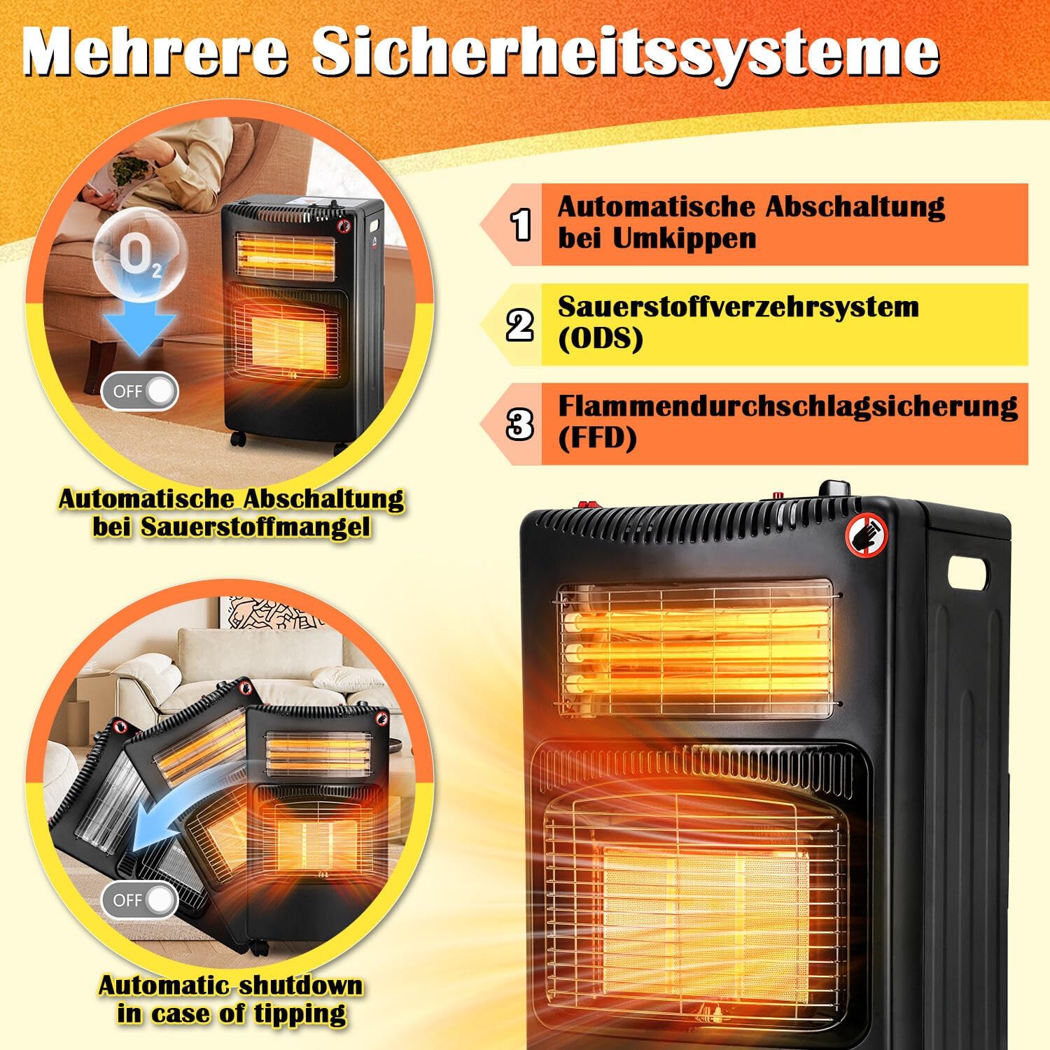 Gasheizer 4200W, Elektroheizung 1260W, Infrarot Keramikbrenner, Gas Heizstrahler inkl. Gasdruckregler & Gasschlauch, Gasheizofen, Butan- oder Propangasflaschen bis 15kg