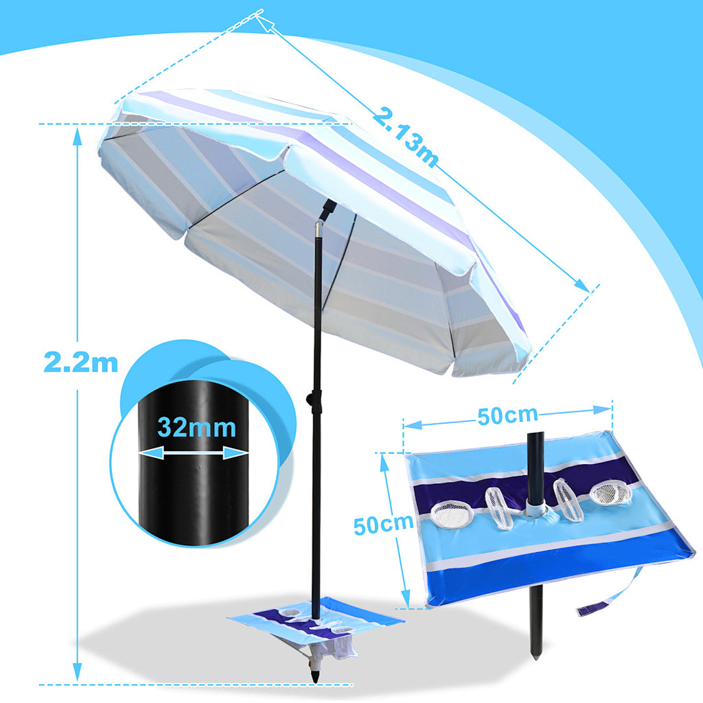 Strandschirm, Durchmesser 213 cm, Sonnenschutzfaktor UV50+, mit Tisch, Haken und Tragetasche, Neigungswinkel und Höhe verstellbar, windfest, langlebig, lichtbeständig, blaue Streifen