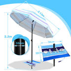 Strandschirm, Durchmesser 213 cm, Sonnenschutzfaktor UV50+, mit Tisch, Haken und Tragetasche, Neigungswinkel und Höhe verstellbar, windfest, langlebig, lichtbeständig, blaue Streifen